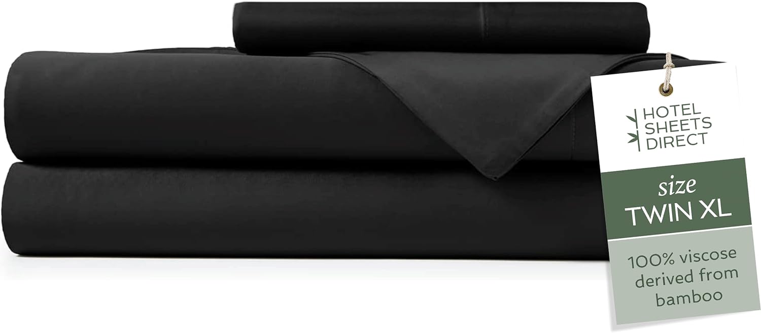 Hotel Sheets Direct 100% Viscose Derived from Bamboo Sheets Set Twin XL - Cooling Bed Sheets with 1 Pillowcase- Breathable, Moisture Wicking & Silky Soft Sheets Set- Black