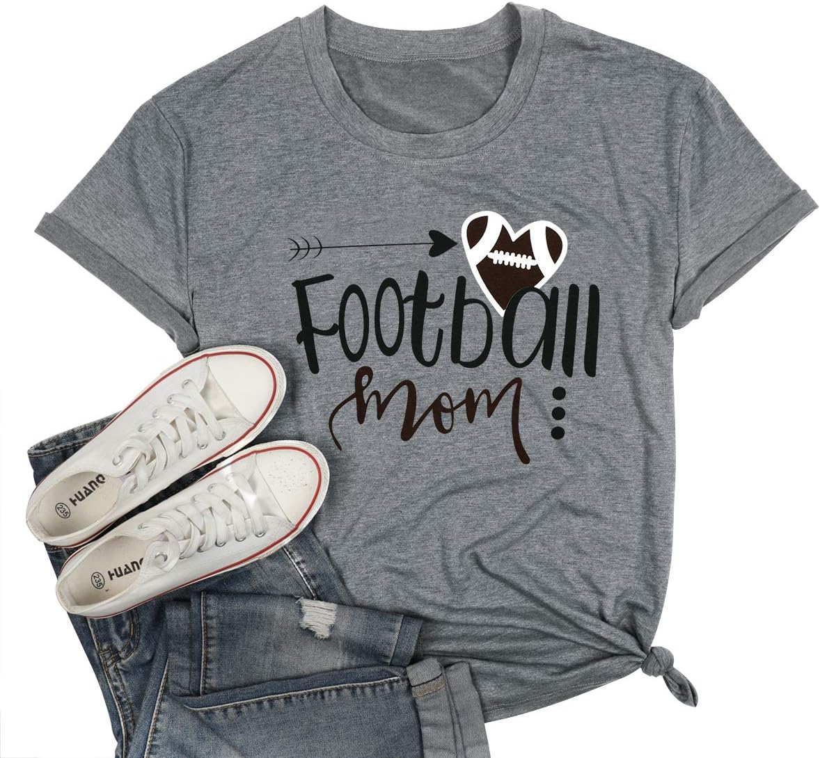 Football Mom T Shirts Women Love Heart Football Tee Shirts Casual Short Sleeve Game Day Tee Tops with Saying Loose Top