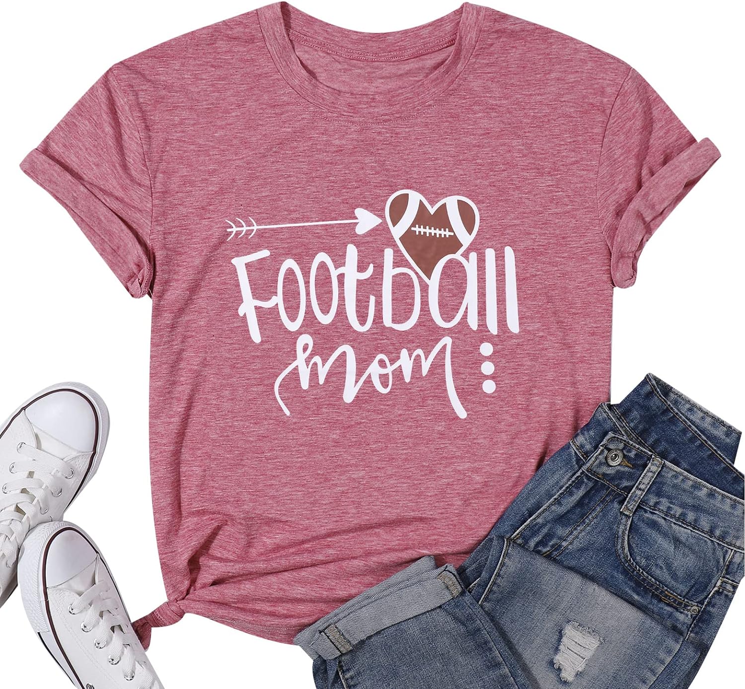 Football Mom T Shirts Women Love Heart Football Tee Shirts Casual Short Sleeve Game Day Tee Tops with Saying Loose Top