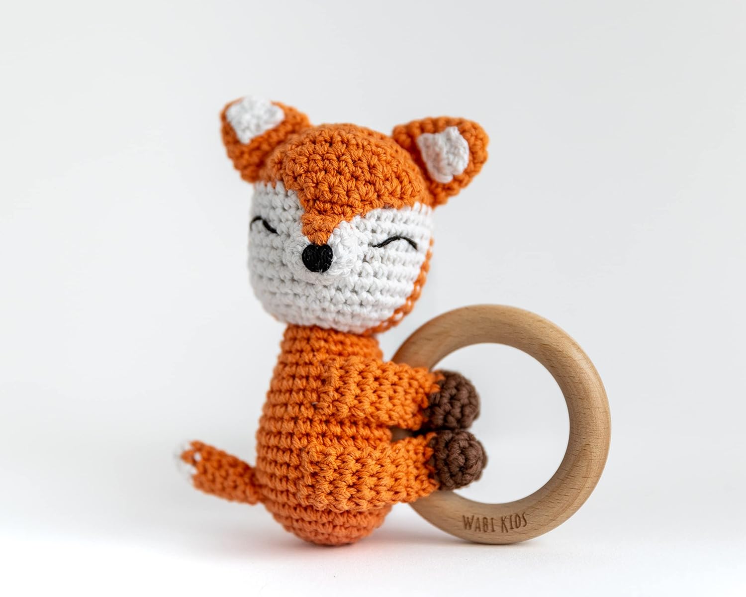 Animal Friends- Crochet Teether Friendly Fox Toy, Wood Ring Cotton Rattle Shaker All Natural Sensory Friendly Early Development Handmade Heirloom Quality