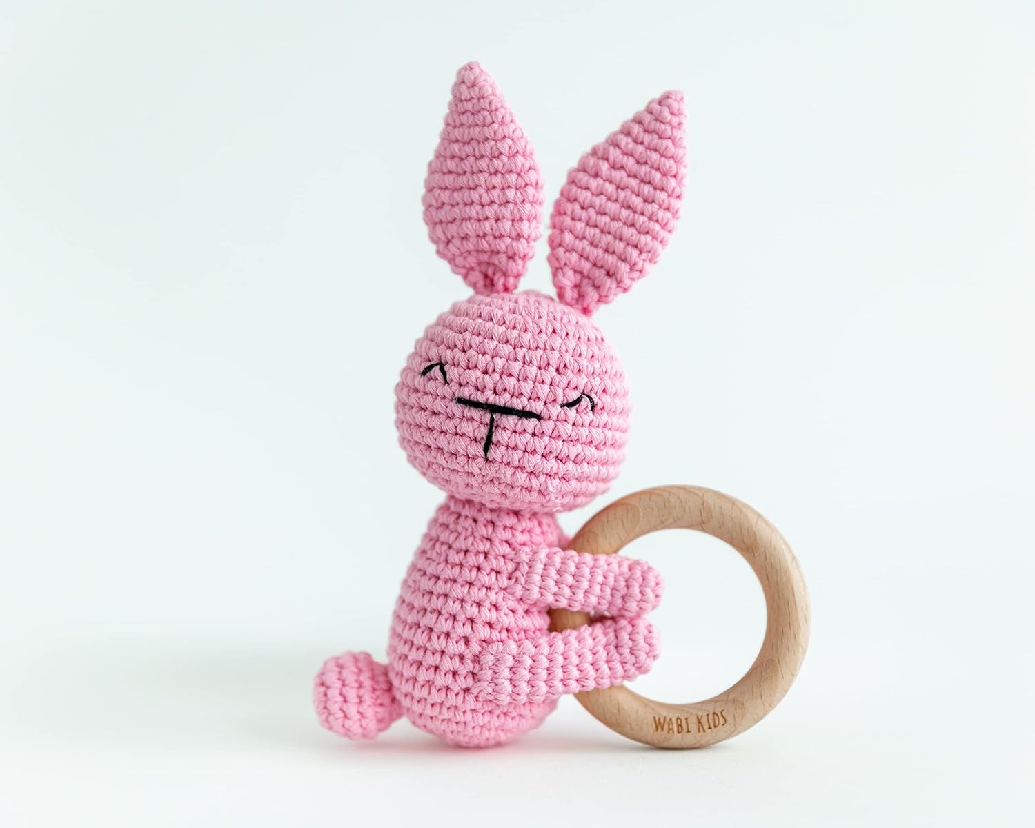 Animal Friends- Crochet Teether Lovely Bunny Toy, Wood Ring Cotton Rattle Shaker All Natural Sensory Friendly Early Development Handmade Heirloom Quality