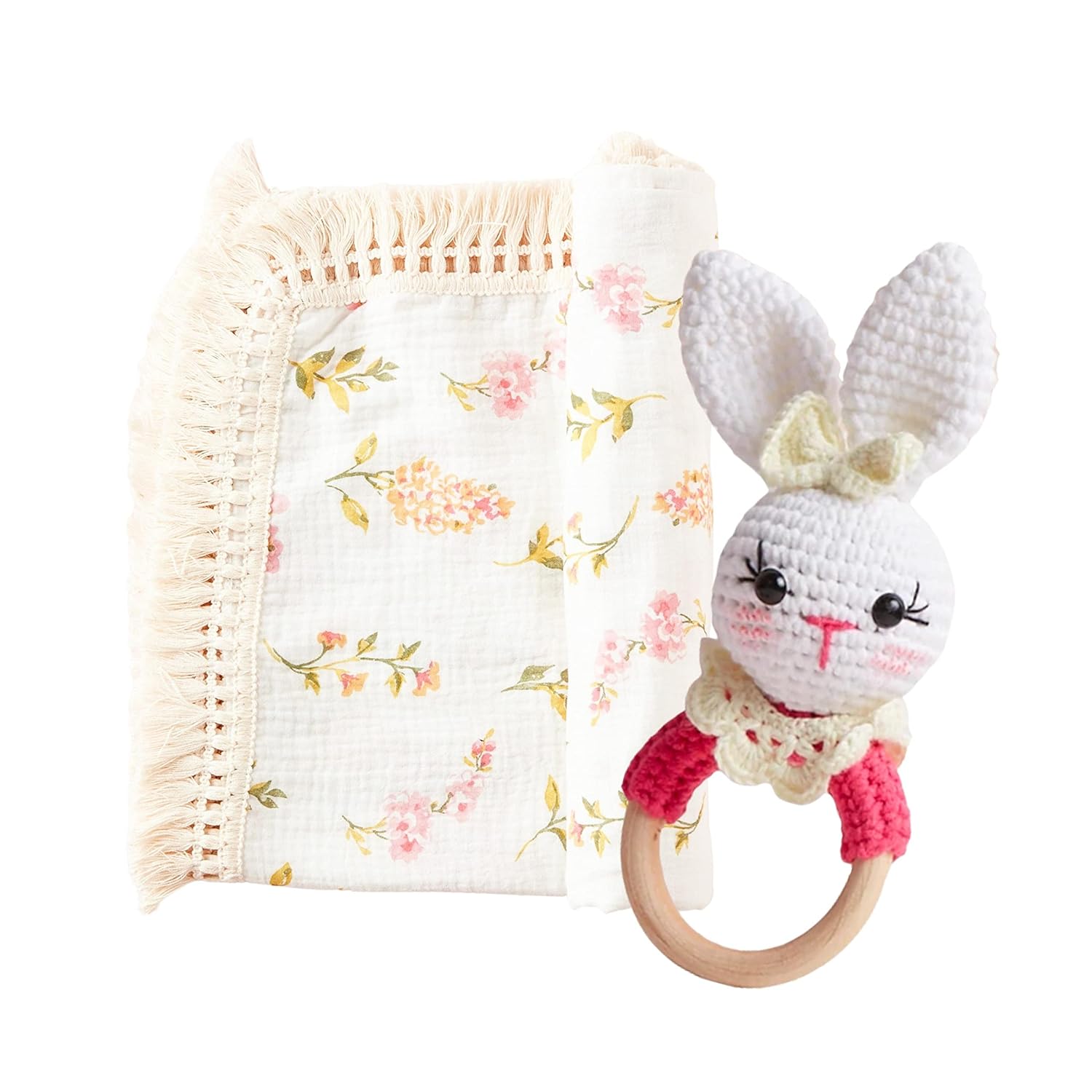 Chippi & Co Spring Baby First Easter Basket Stuffers - Floral Boho Fringe Swaddle Blanket and White Bunny Rabbit Rattle Teething Wooden Ring