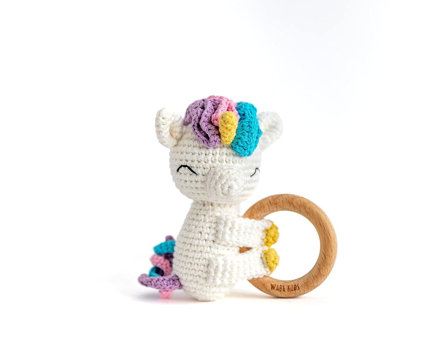 Animal Friends- Crochet Teether Magical Unicorn Toy, Wood Ring Cotton Rattle Shaker All Natural Sensory Friendly Early Development Handmade Heirloom Quality