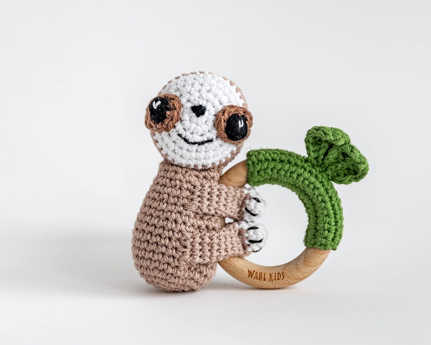 Animal Friends- Crochet Teether Happy Sloth Toy, Wood Ring Cotton Rattle Shaker All Natural Sensory Friendly Early Development Handmade Heirloom Quality