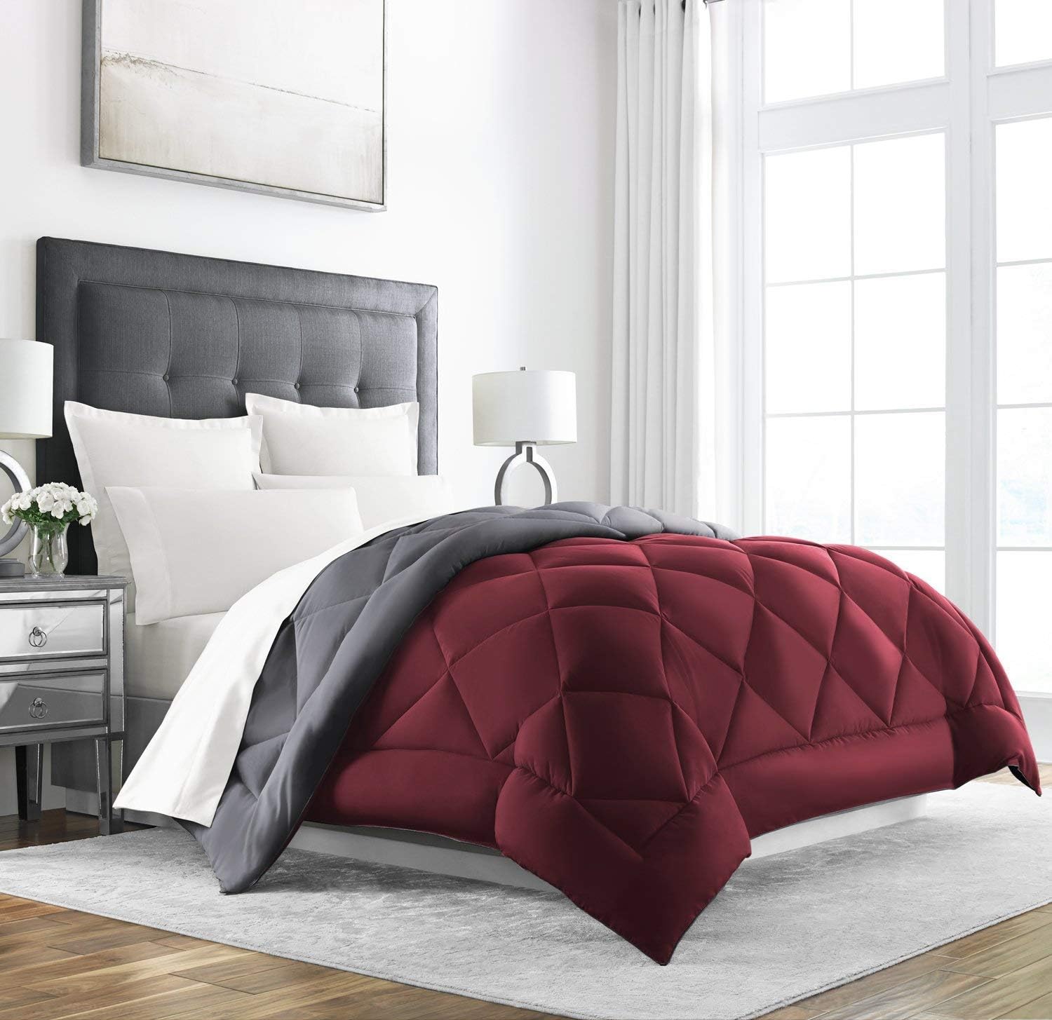 Sleep Restoration All Seasons Twin/Twin XL Size Comforter - Reversible - Cooling, Lightweight Summer Down Comforter Alternative - Hotel Quality Bedding Comforters - Burgundy/Grey