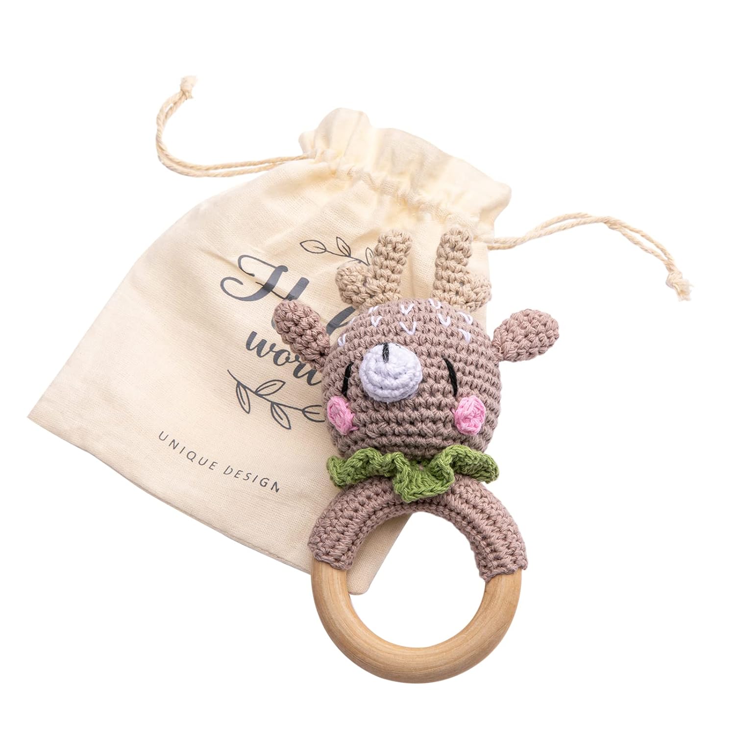 Wooden Baby Rattle Lovely Crochet Elk Ring Rattle, Newborn Animal Rattle Toys, Baby Toys for Baby and Infant, Brown Elk