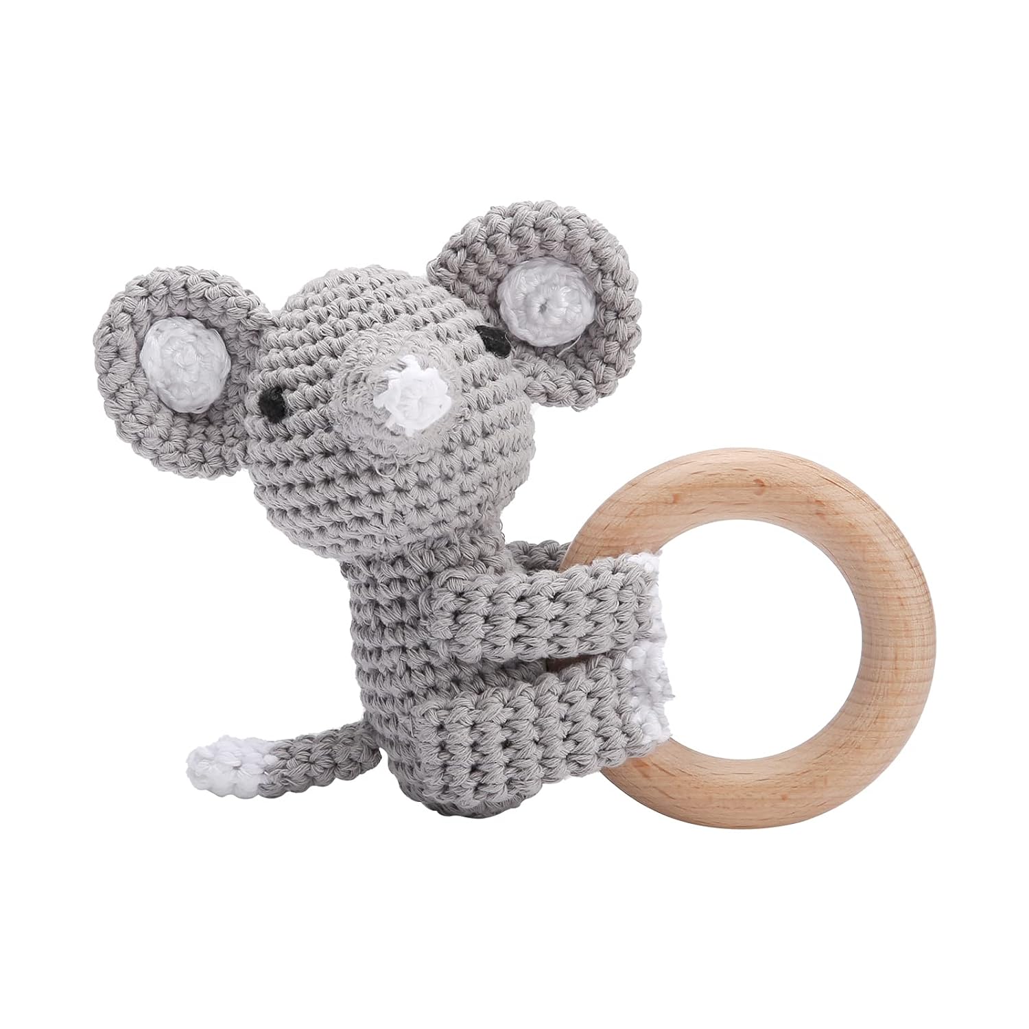 Wooden Baby Rattle Lovely Crochet Elephant Ring Rattle, Newborn Animal Rattle Toys, Baby Toys for Baby and Infant, Gray Elephant