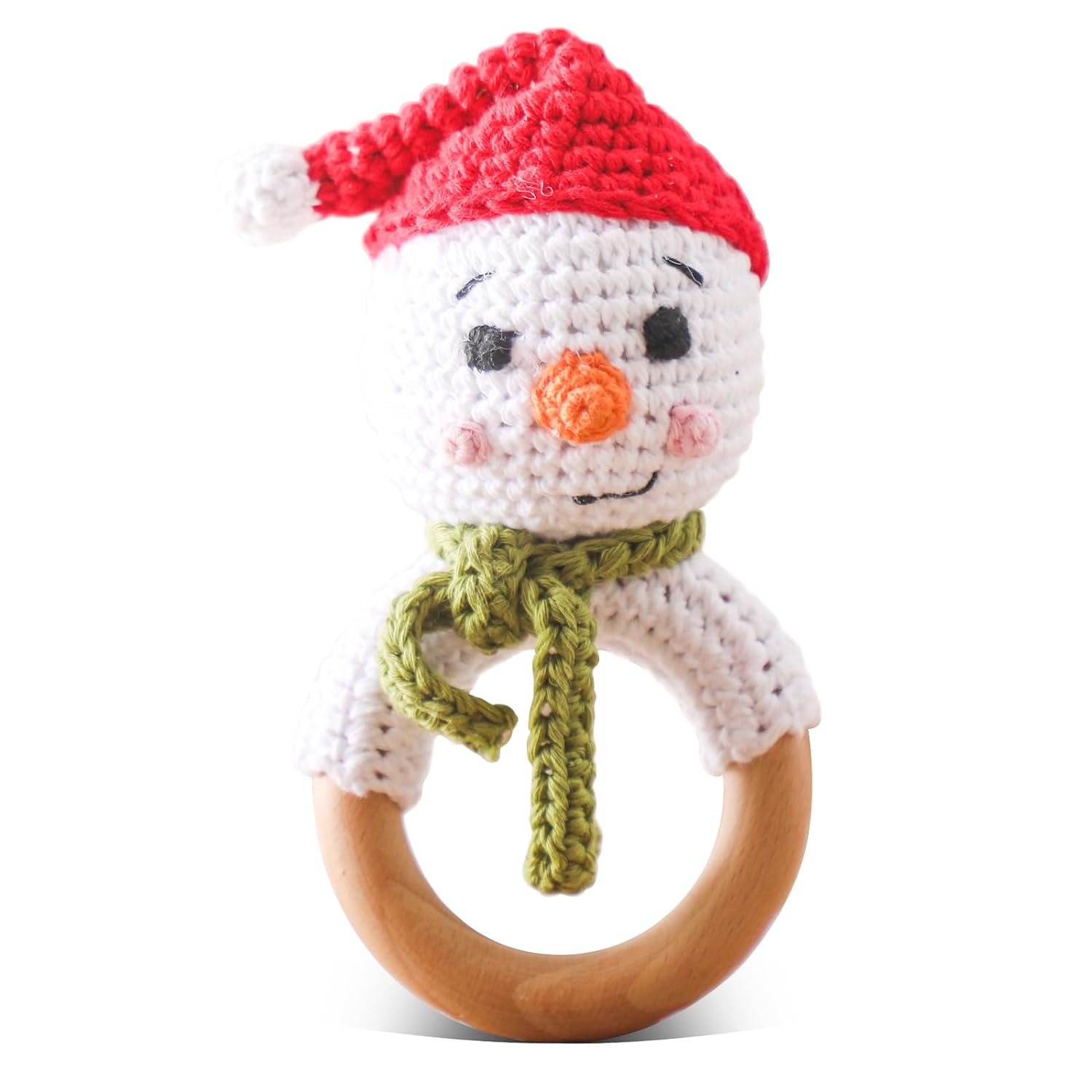 Wooden Baby Rattle for Toddler Lovely Crochet Snowman Ring Rattle for Christmas,Xmas Rattle Toys for Newborn, Baby Toys for Baby and Infant,Snowman