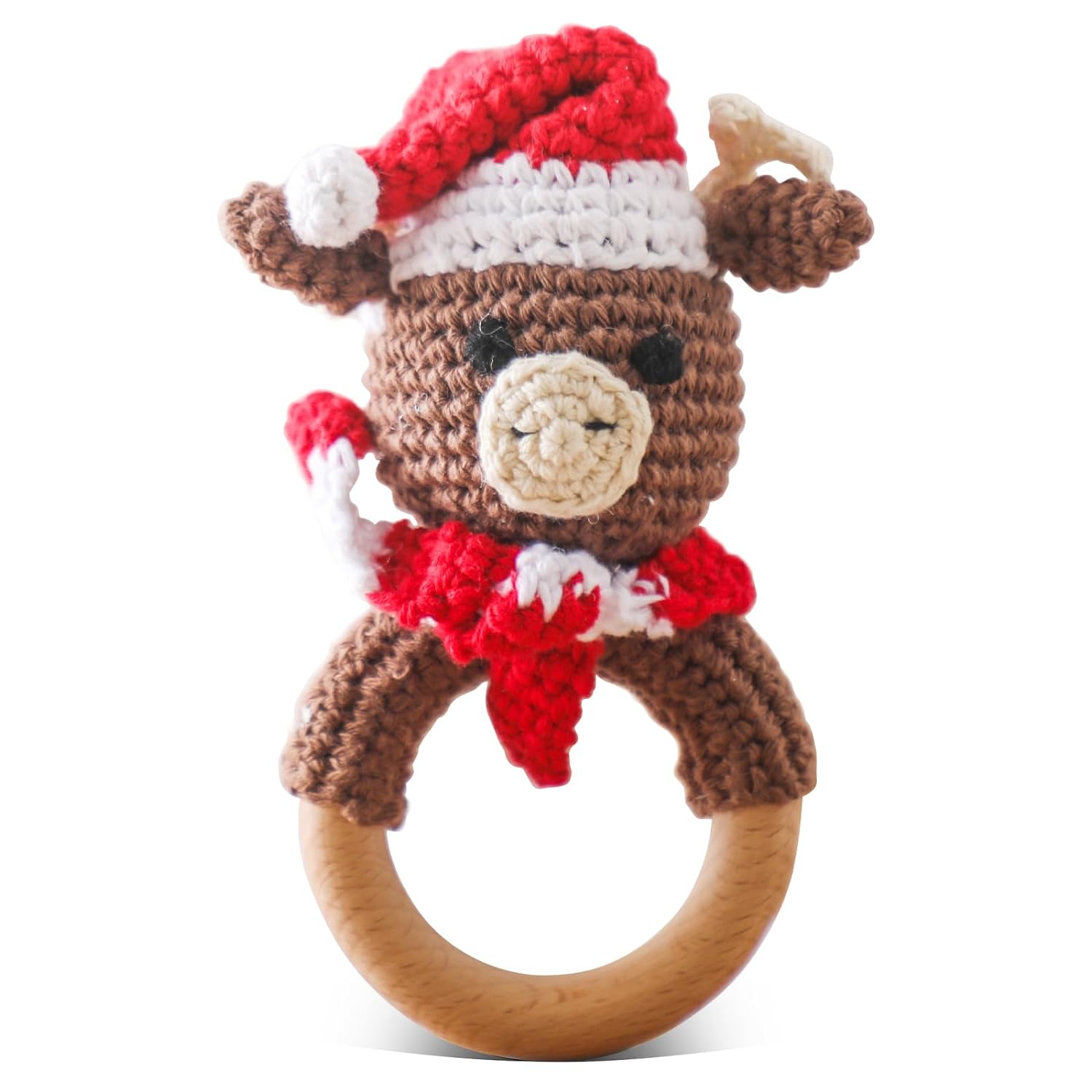 Wooden Baby Rattle for Toddler Lovely Crochet Elk Ring Rattle for Christmas,Xmas Animal Rattle Toys for Newborn, Baby Toys for Baby and Infant,Xmas Elk