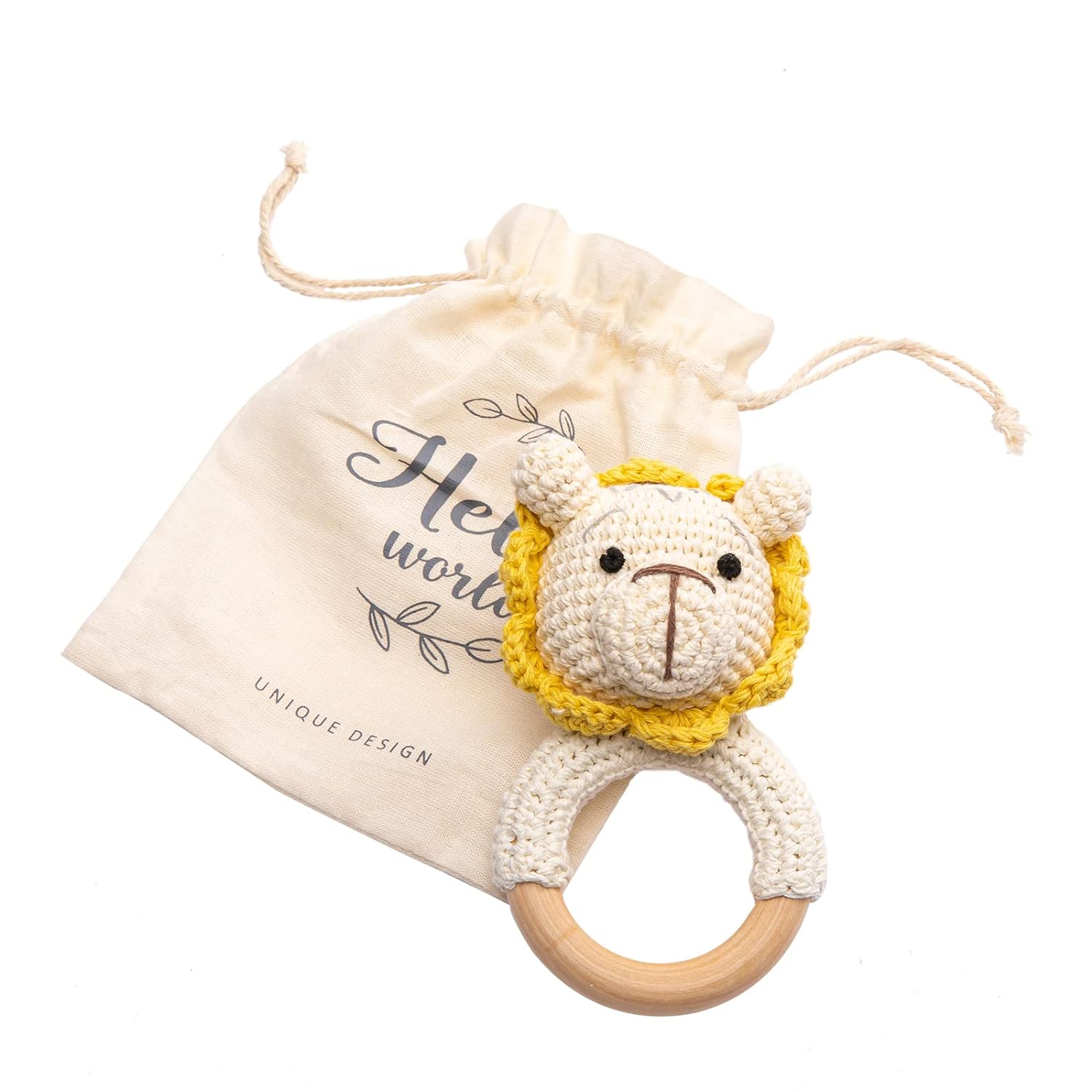 Wooden Baby Rattle Lovely Crochet Lion Ring Rattle, Newborn Animal Rattle Toys, Baby Toys for Baby and Infant