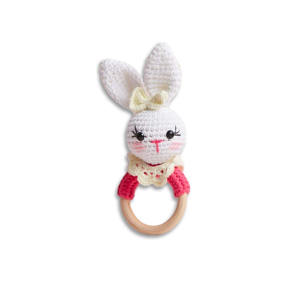 Chippi & Co Crochet Teether Wooden Rattle Ring, Long Ear Stuffed Pink Rabbit Plush Baby Newborn Boy Girl 0 3 6 Sensory Development Toy Valentines Day Gifts for Baby Girl (Rosie Bunny)