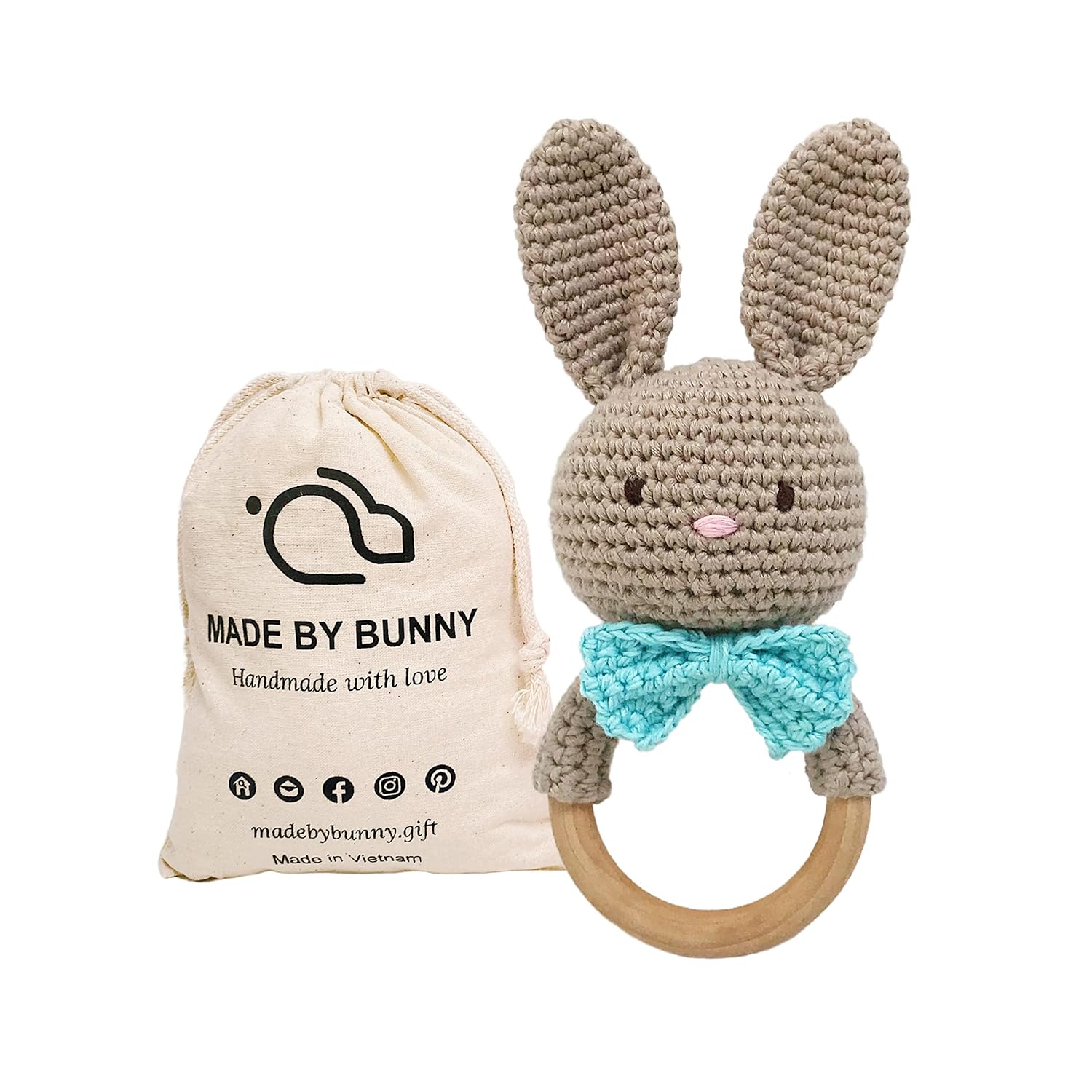 Bunny - Rattle for Young Children, Handmade Woolen Toy, Visual and Sensory Enhancing, Toy with Strict Quality Testing Process, usable as House Decoration (Grey Bunny with Blue Bow)