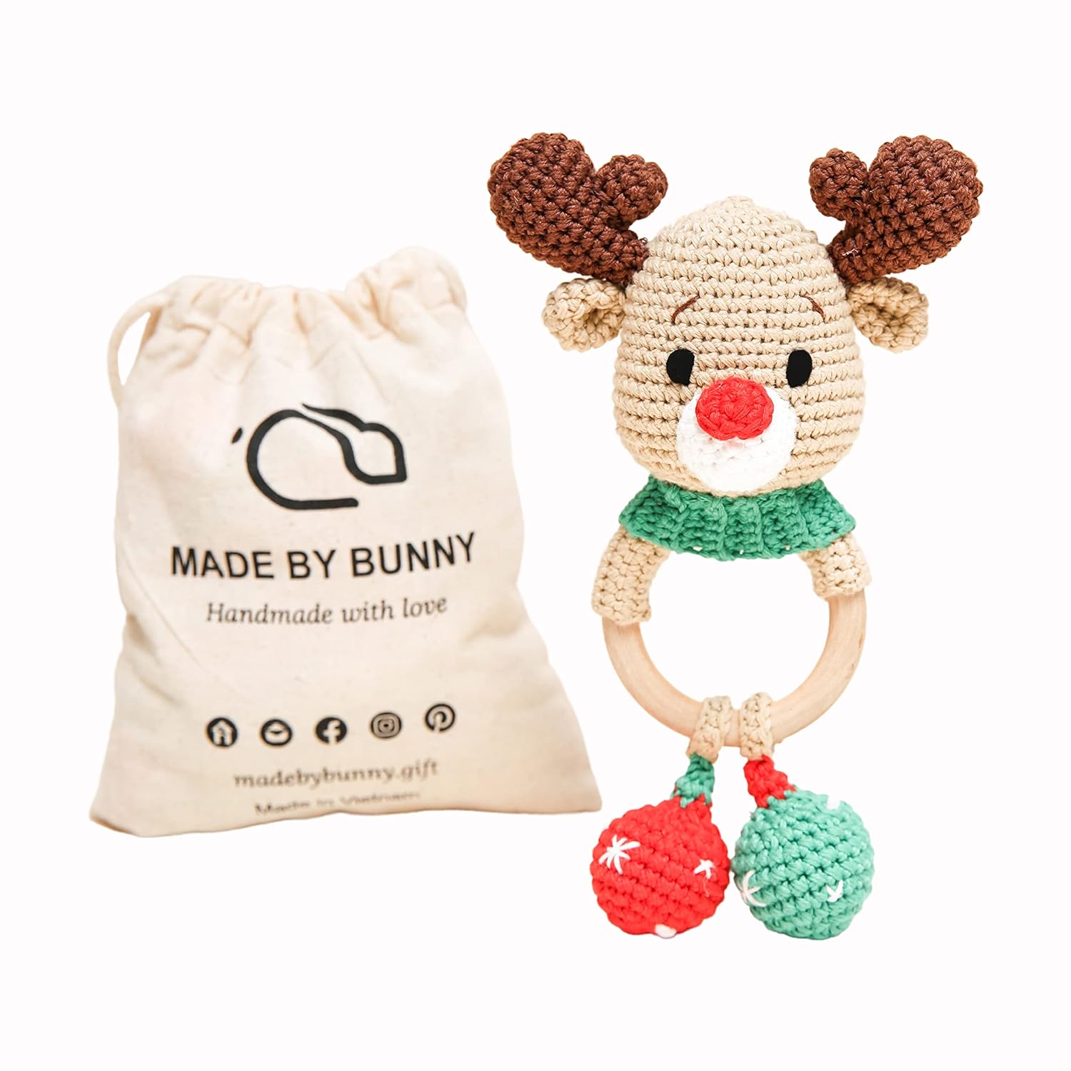 Bunny Lovable Reindeer rattles Toy for Young Children, Handmade Woolen Toy with Strict Quality Testing Process, usable as House Decoration (Reindeer Rattles)