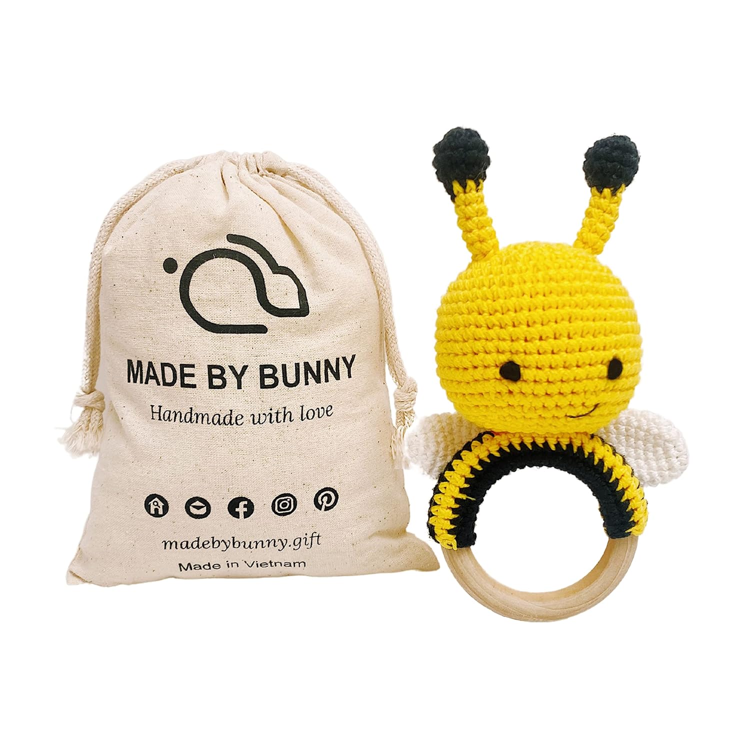 Bunny Wooden Baby Rattle, Crochet Bee Rattle Toy, Handmade Bee Stuffed Animal, Eye-catching Colored Toy for Toddlers, Bumble Bee Toy for Honey Bee Decord-held Crochet for Young Toddlers