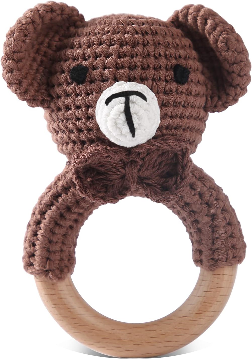 Wooden Baby Rattle Crochet Bear Baby Toys Handmade Newborn Toy Early Development Grips Stuffed Animal Organic Rattle