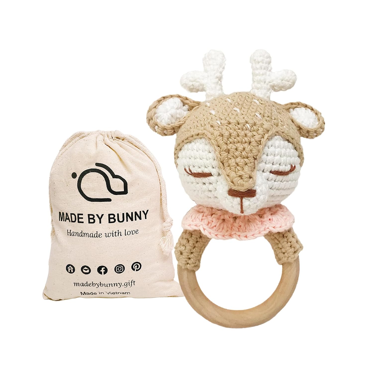 Bunny - Rattle for Young Children, Handmade Woolen Toy, Visual and Sensory Enhancing, Toy with Strict Quality Testing Process, usable as House Decoration (Beige Reindeer)