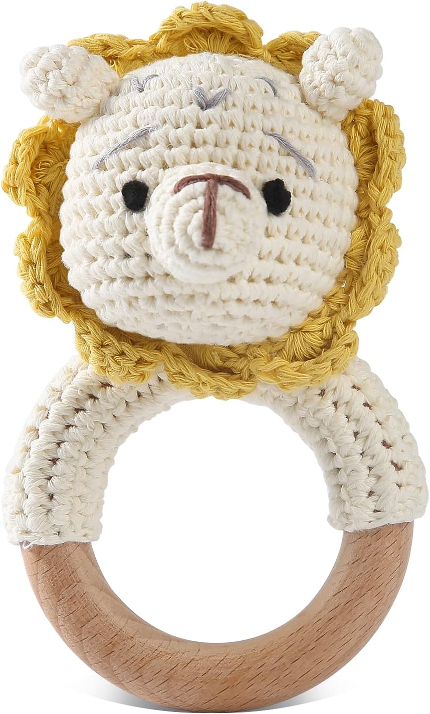 Wooden Baby Rattle Crochet Lion Baby Toys Handmade Newborn Toy Early Development Grips Stuffed Animal Organic Rattle