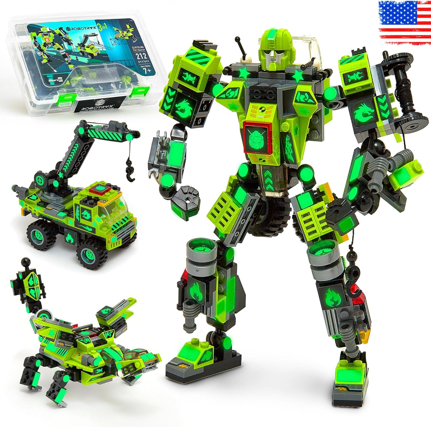 JITTERYGIT Mech Buildable Robot Glow in The Dark STEM Action Figure Toy Set, Cool Space Super Hero Christmas Birthday Gift, Xmas 3 in 1 Present DIY for Boys, Girls, Teen 6 7 8 9 10 Year Olds