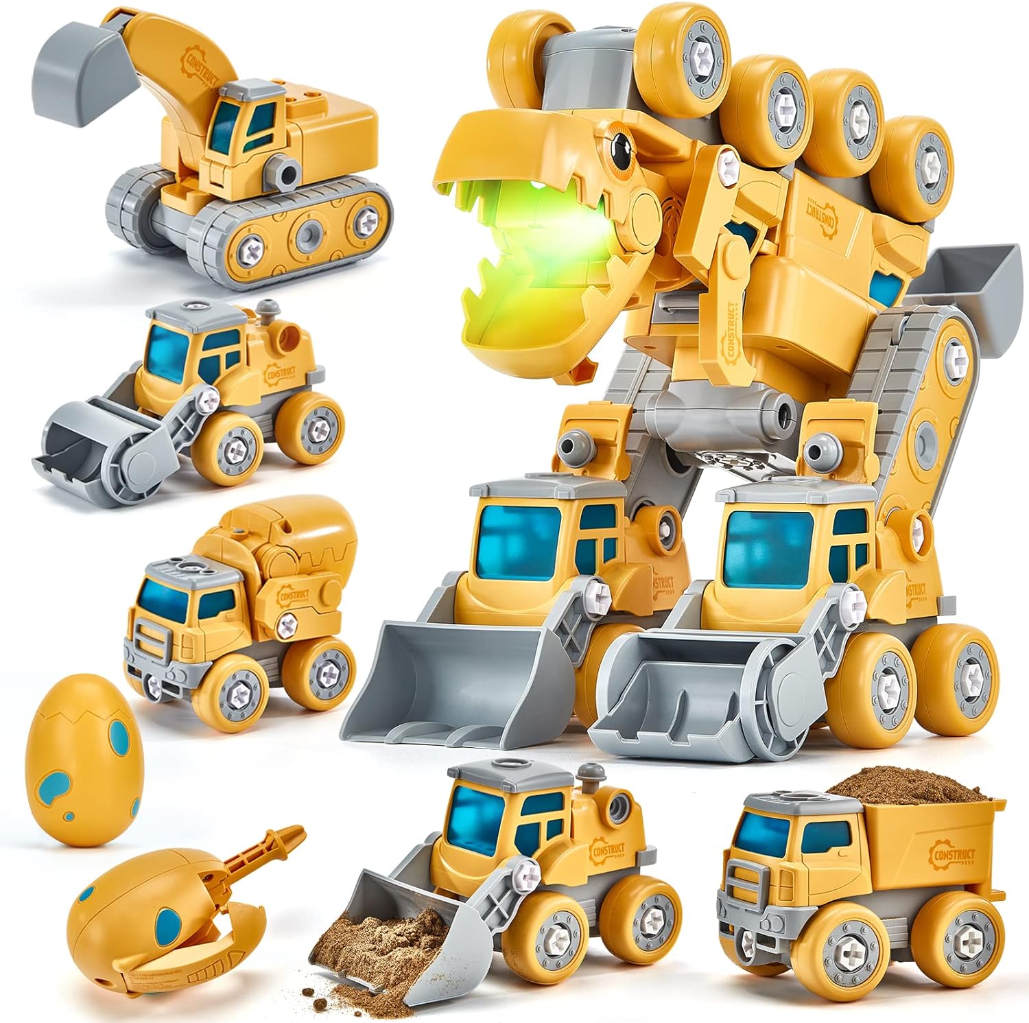 Toys for 5  Year Old Boys - Take Apart Dinosaur Kids Toys Construction Vehicles 5 in 1 Transform into Dinosaur Robot STEM Building Toy for 5 6 7 8 Year Old Boys