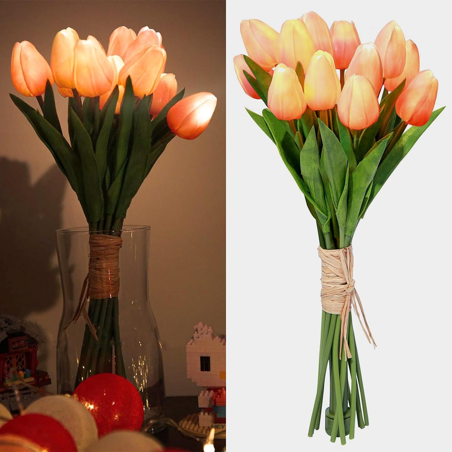 Minidiva 12 pcs Tulips Artificial Flowers with LED Light, Real Touch Fake Bouquet for Home Decor, Table Lamp, Night Lamp, Gift for Valentine' Day, Mother' Day, Christmas, Battery Powered