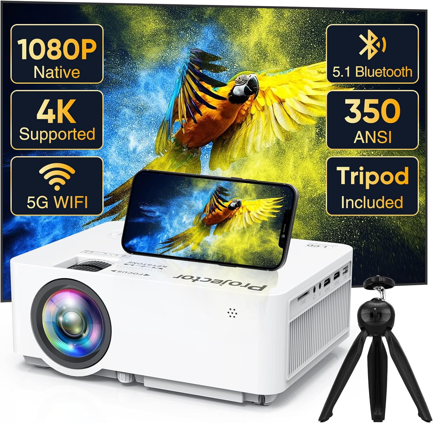 Native 1080P Projector with 5G WiFi Bluetooth (with Tripod), 14000L 4K Supported Home Projector, Portable Outdoor Projector with Max 300 Display, Movie Projector Compatible with TV Stick, HDMI, Phone