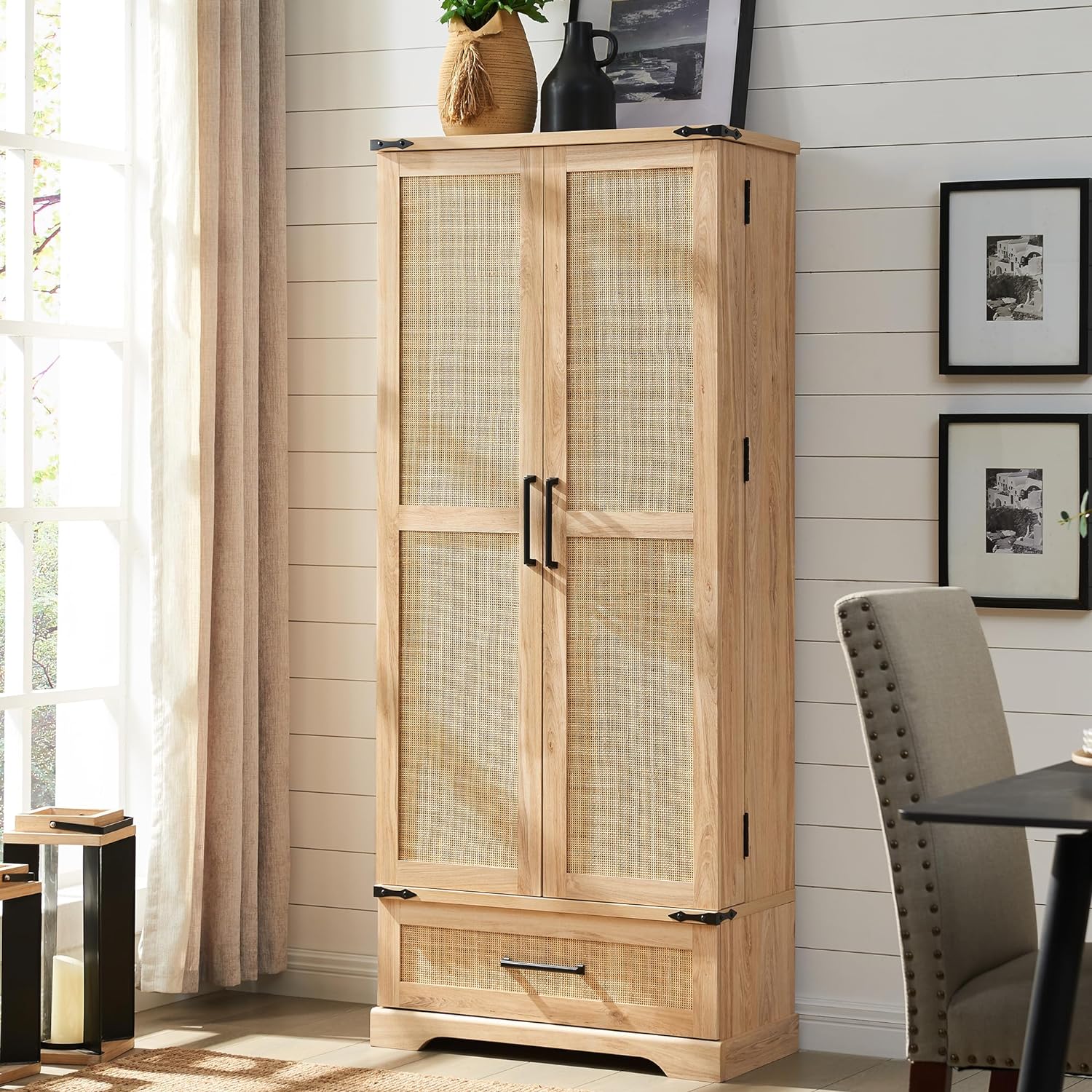 72 Tall Rattan Kitchen Pantry Cabinet with Drawer, Boho Storage Cabinet with 2 Rattan Doors and Shelves, Versatile Large Cabinet for Dining Room, Bathroom, Living Room, Laudry, Natural Oak