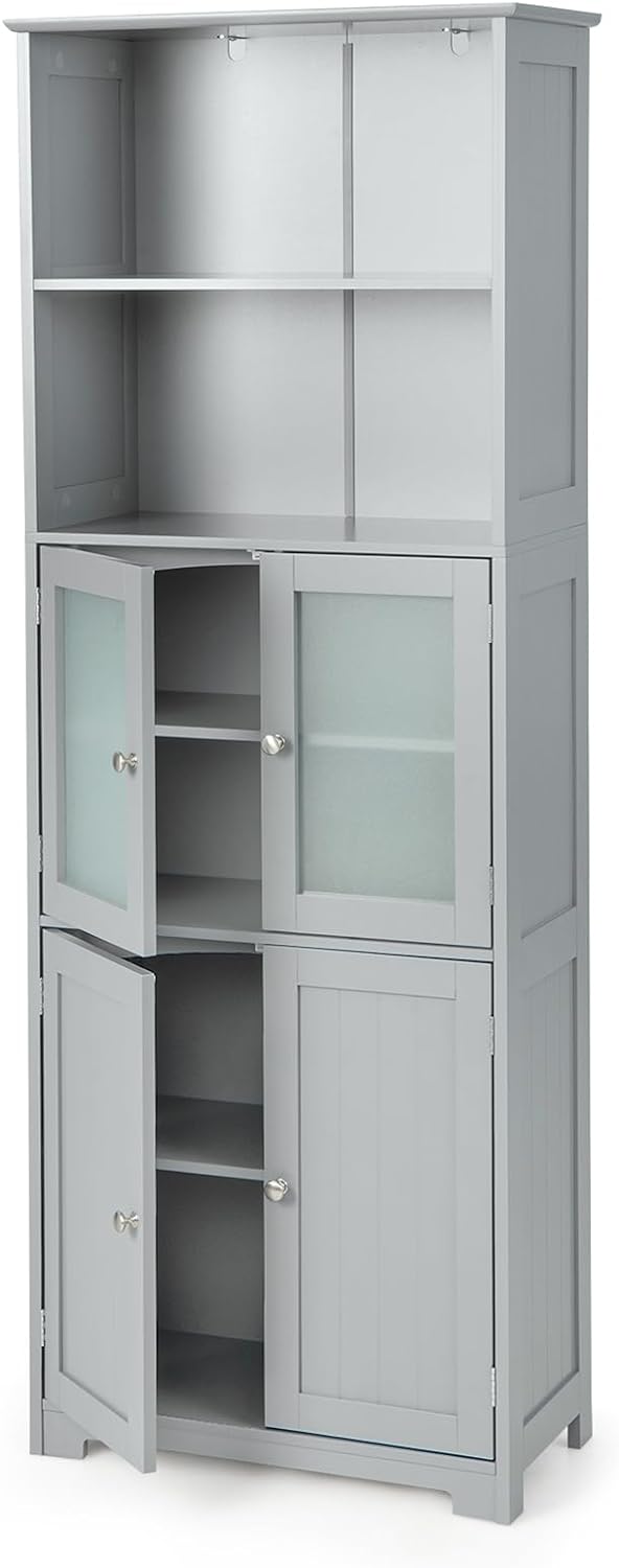 COSTWAY Tall Bathroom Storage Cabinet, Freestanding Kitchen Pantry Cabinet with Glass Doors and Adjustable Shelf, 64 Wooden Linen Floor Cabinet for Bathroom, Living Room, Kitchen (Grey)