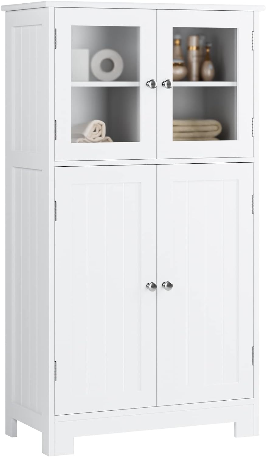 HORSTORS Bathroom Cabinet, Linen Storage Cabinet with Doors, Wooden Floor Cabinet with Adjustable Shelves for Bathroom, Living Room, Office, White
