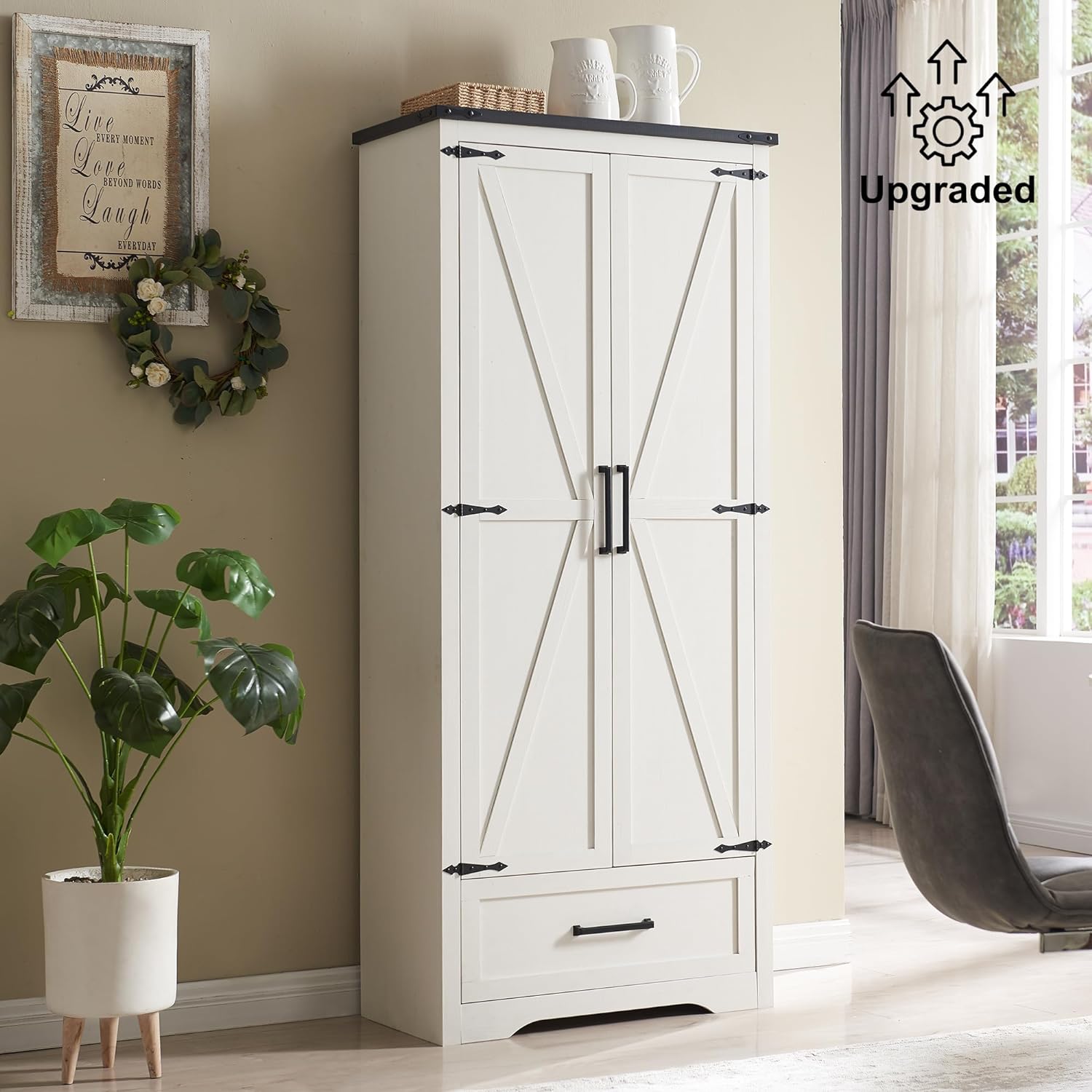 JXQTLINGMU Farmhouse Storage Cabinet with Adjustable Shelves, 72 Tall Pantry Cabinet with Drawer & 2 Barn Doors, Versatile Storage for Kitchen, Dining Room, Bathroom, Living Room, Antique White