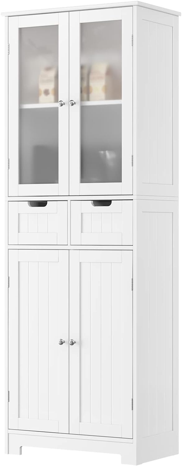 HORSTORS 67 Tall Storage Cabinet, Freestanding Pantry Cabinet with Glass Door and Shelves, Linen Bathroom Cabinet with 2 Drawers for Living Room, Kitchen, Dining Room, Office, White