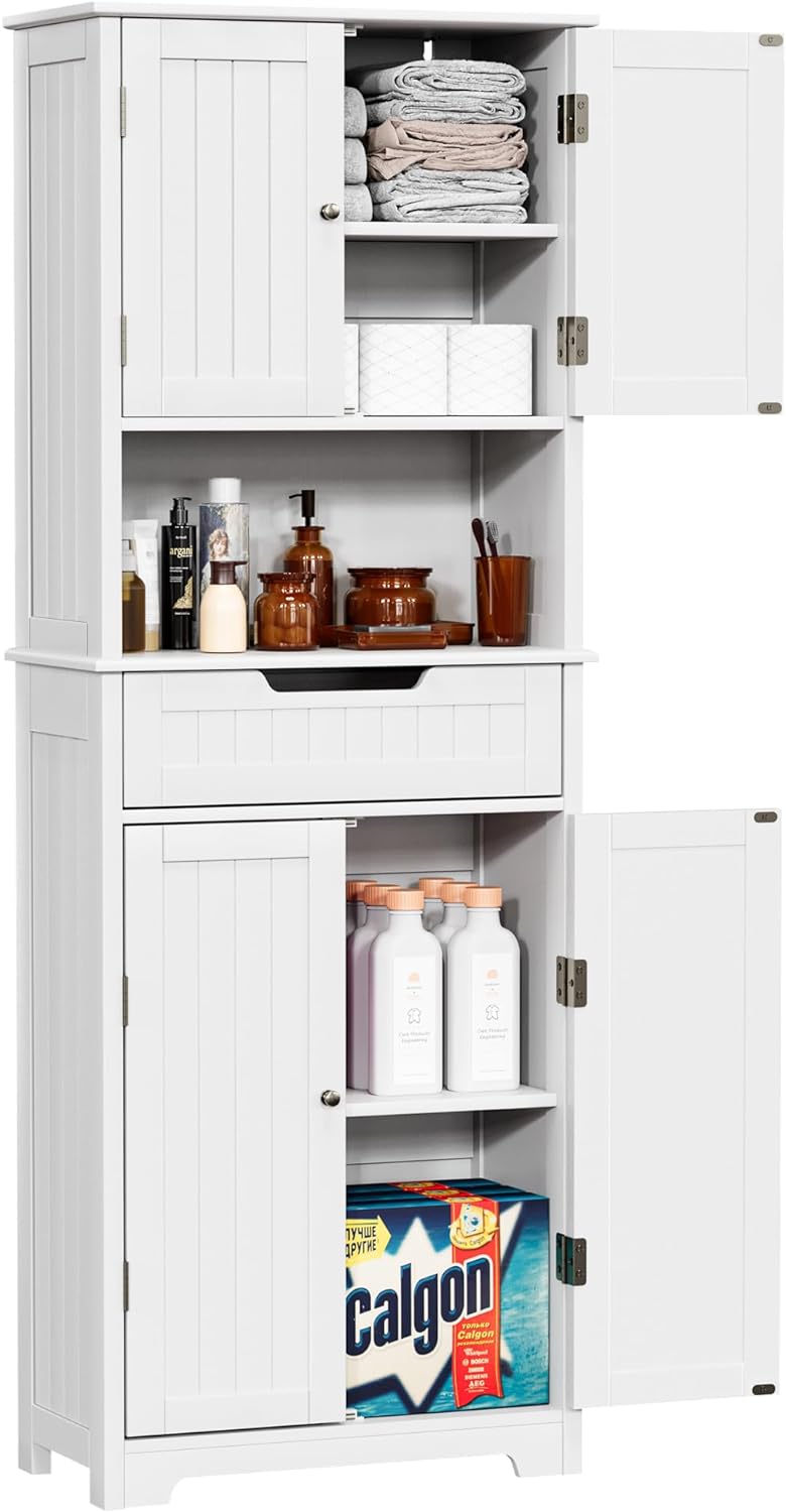 Bathroom Storage Cabinet Tall, 67 inch Linen Cabinet Freestanding, Kitchen Pantry Storage Cabinet, 1 Drawer, 4 Doors, 2 Shelves, for Bathroom, Living Room, Modern White