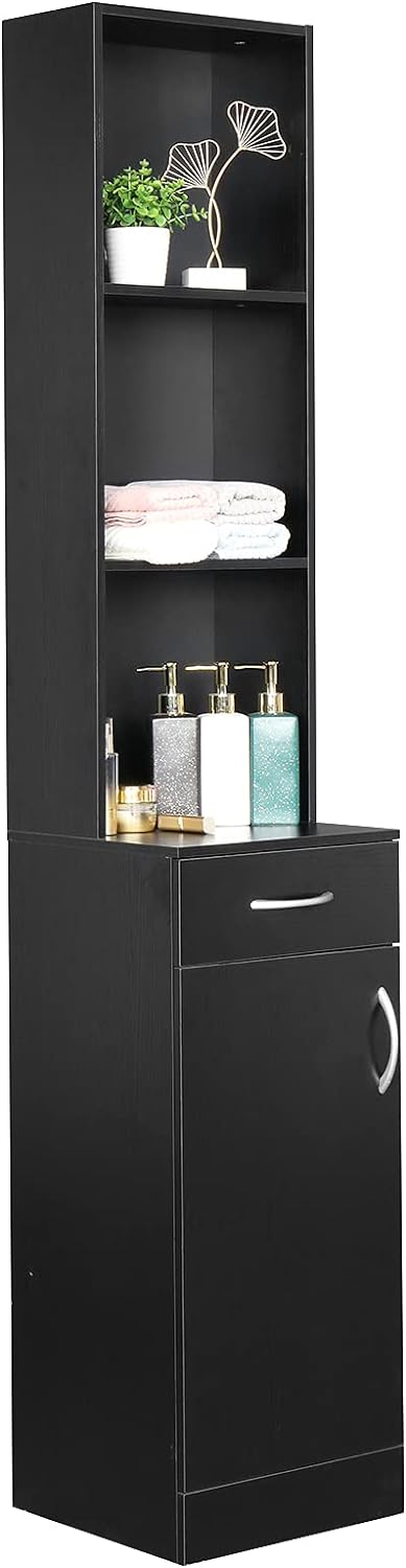 Tall Bathroom Storage Cabinet, Freestanding Linen Cabinet with 3 Tier Open Shelves and Drawer, Narrow Slim Linen Tower for Bathroom, Living Room, Kitchen (Black 13.4 W x 11 D x 70 H)