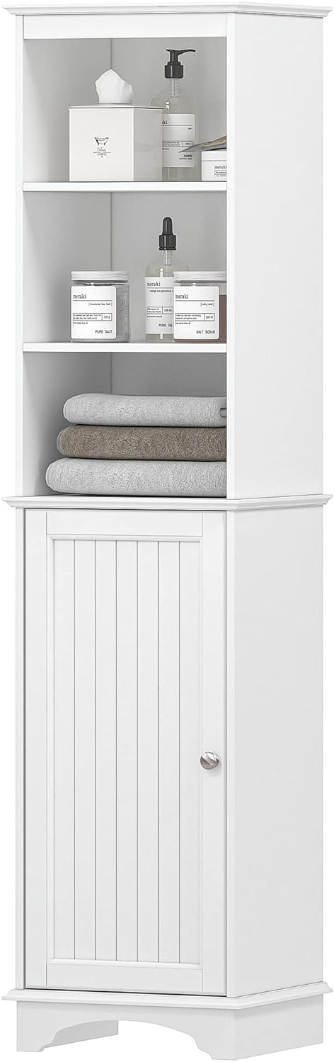 Spirich Home Freestanding Storage Cabinet with Three Tier Shelves, Tall Slim Cabinet, Free Standing Linen Tower, White