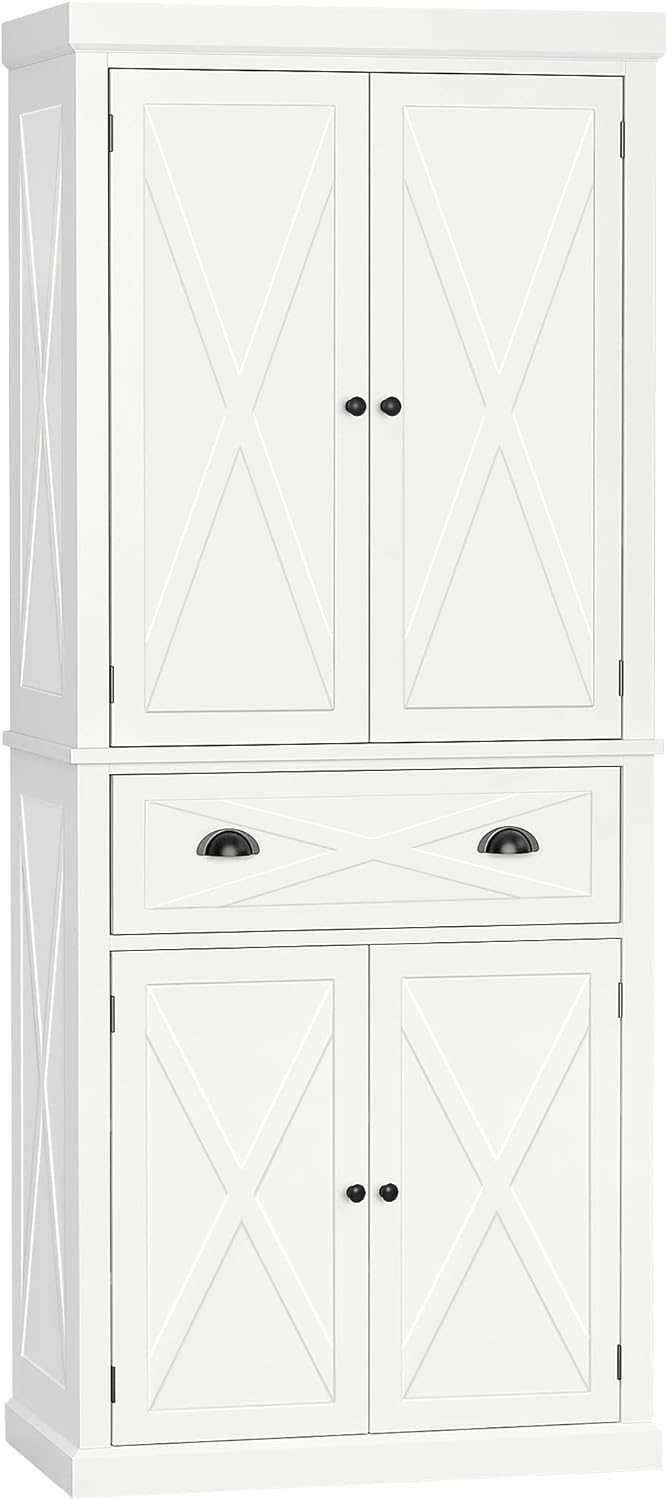 HOMCOM 72 Kitchen Pantry Storage Cabinet, Traditional Freestanding Cupboard with 4 Doors and 3 Adjustable Shelves, Large Central Drawer, X-Frame, White