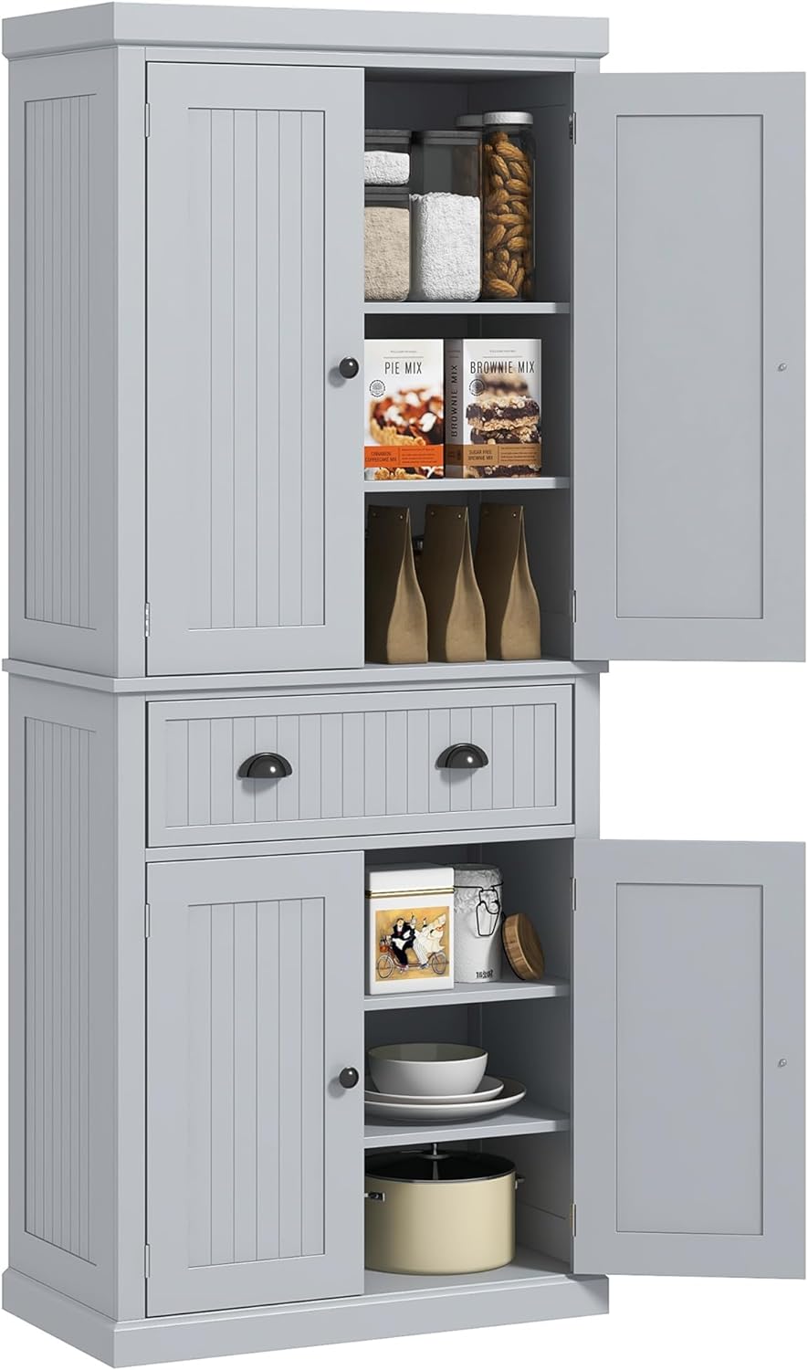 HOMCOM 72 Kitchen Pantry Storage Cabinet, Traditional Freestanding Cabinet with 4 Doors and 3 Adjustable Shelves, Large Central Drawer, Beadboard, Gray