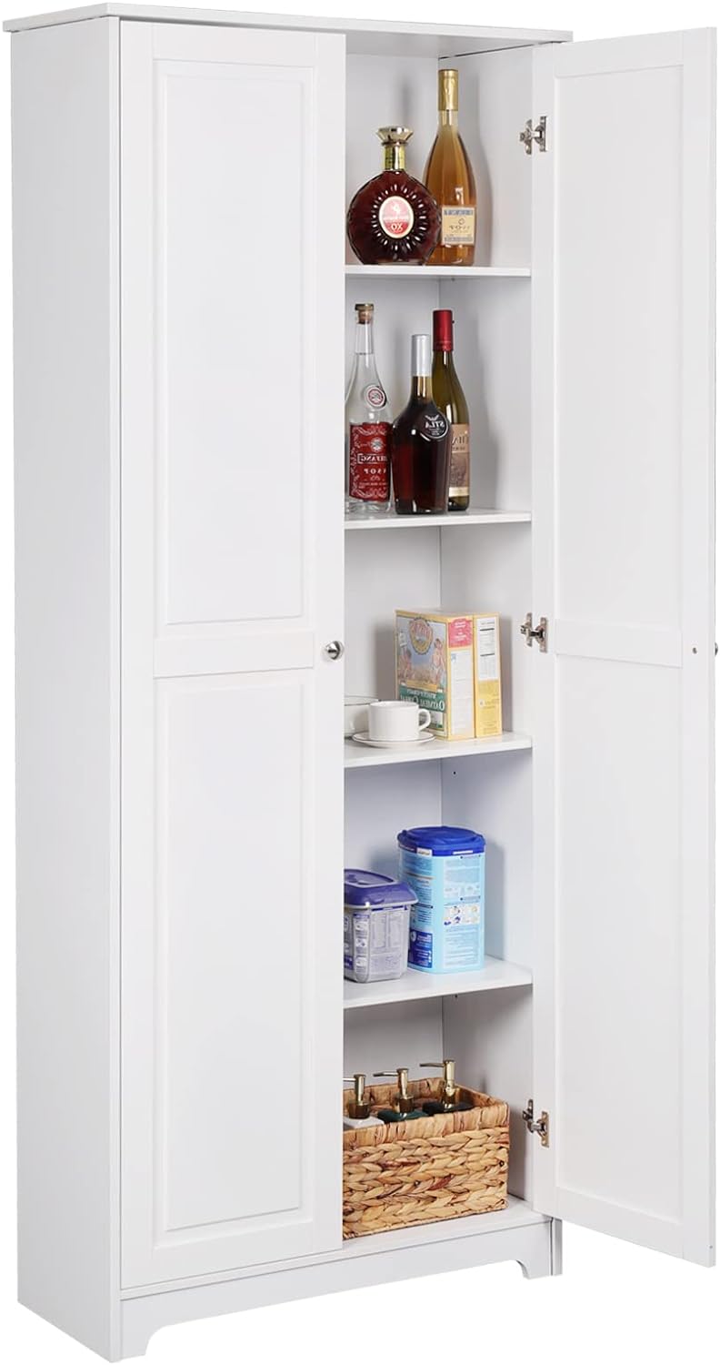VINGLI Tall Pantry Storage Cabinet, 72'' Kitchen Pantry Cabinet, Freestanding Room Storage, Cupboard, 2 Door Pantry for Laundry Room, Kitchen, Apartment, Solid Wood, White