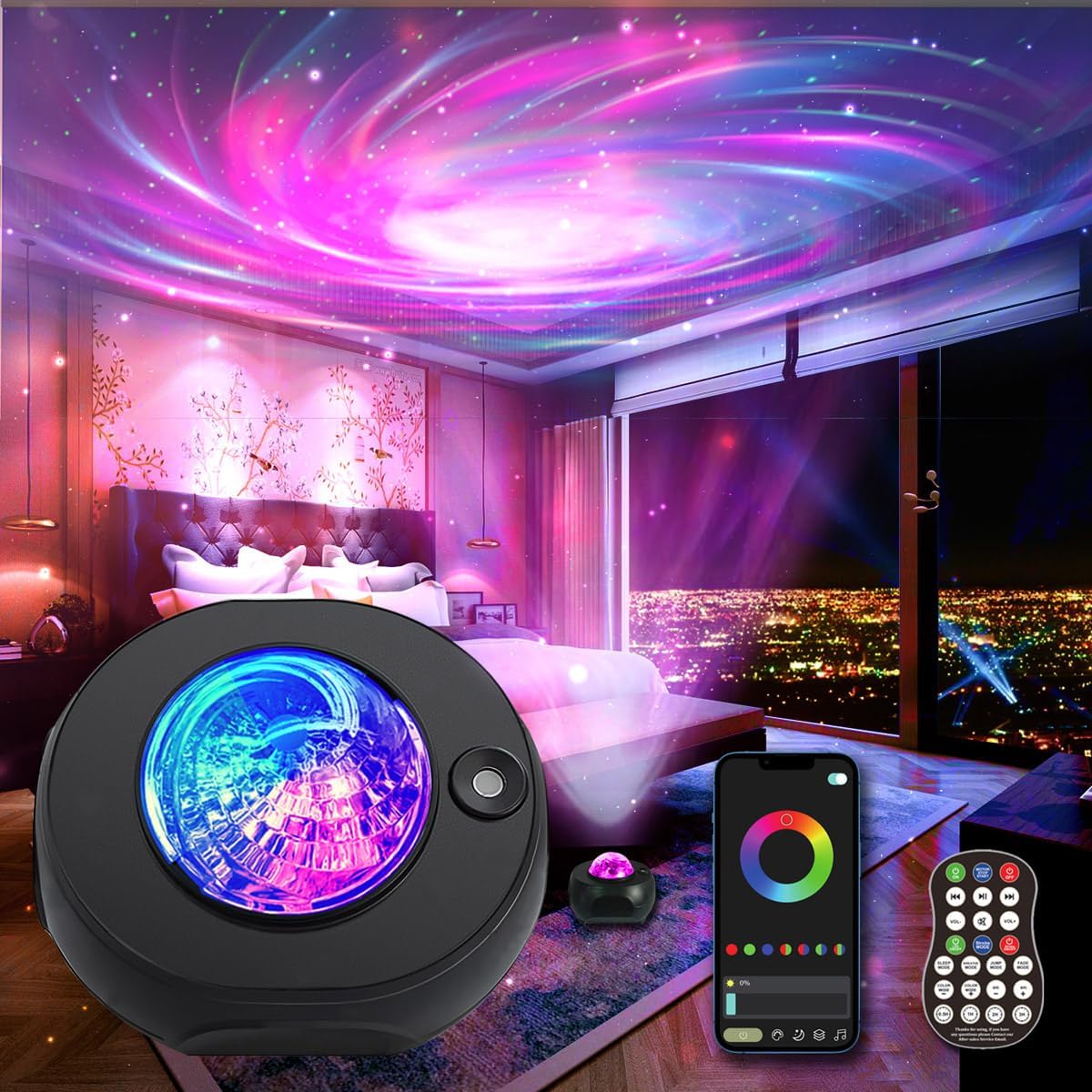 Galaxy Projector Ceiling Decor Star Light Projector Psychedelic Swirling Bedroom Decor for Teen Girls,Smart Skylight with Bluetooth Music Speaker, APP Control (Black Hole)