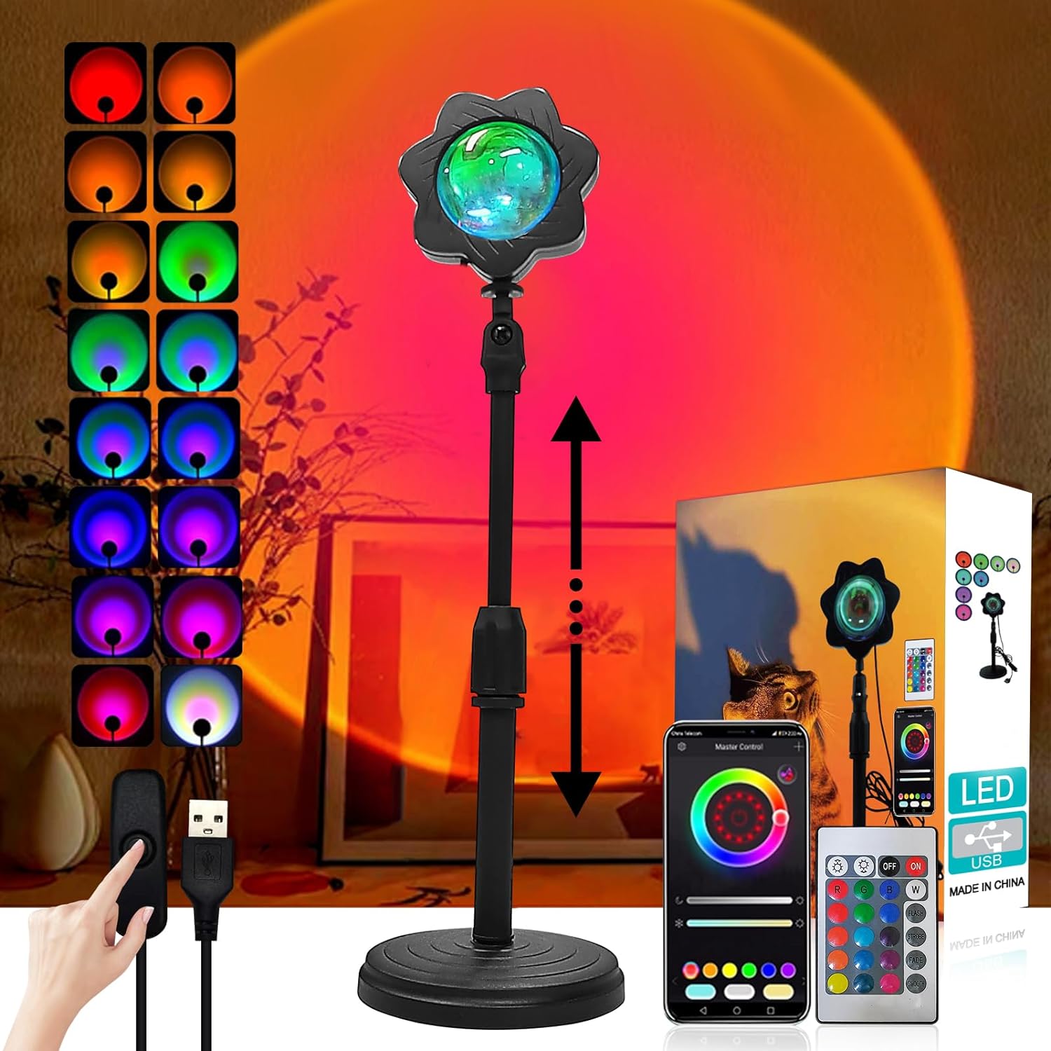 Sunset Lamp Projector LED Lights APP Remote, Sunset Light 16 Colors Night Light LED Floor Lamp Mood Lights for Photography/Selfie/Party/Home/Room/Bedroom Decor, Gift for Halloween, Christmas