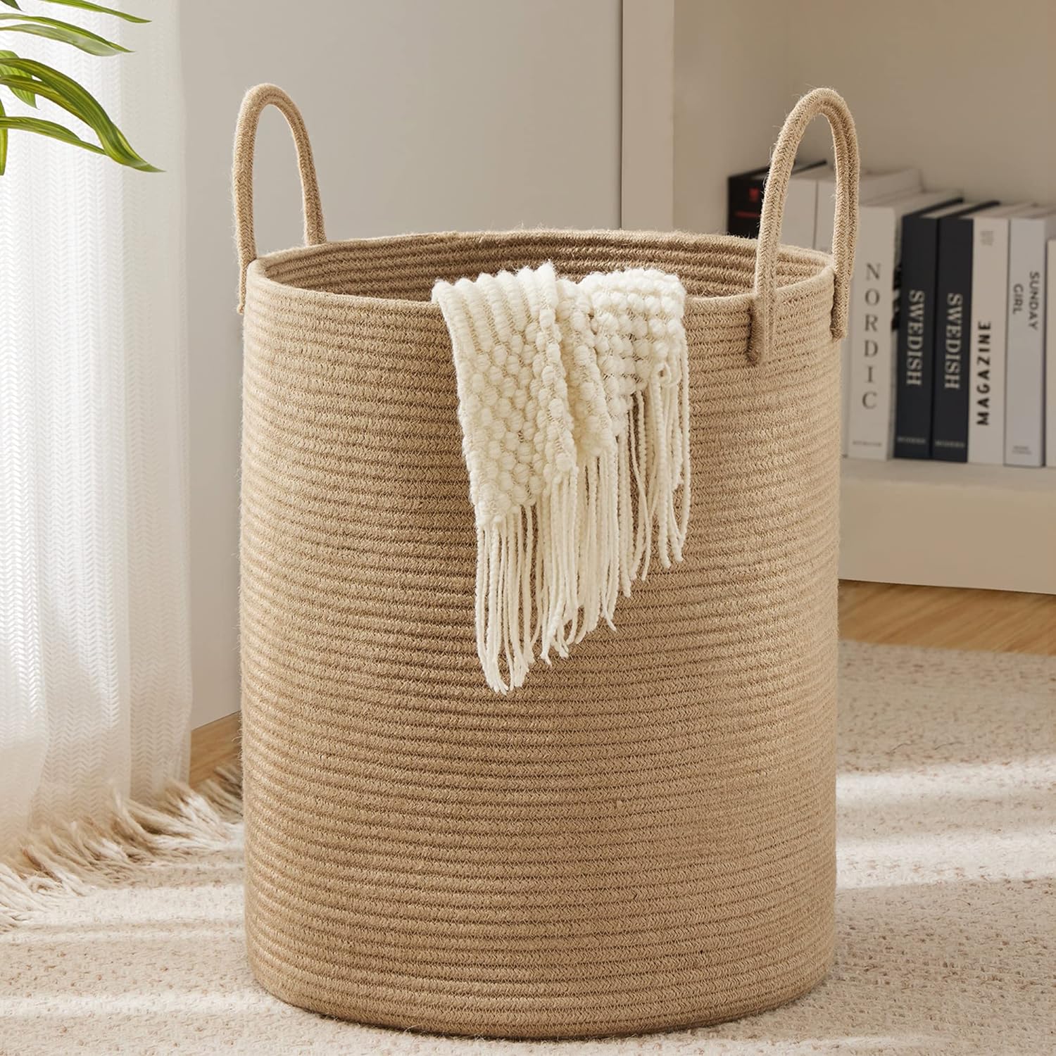 Jute Rope Woven Laundry Hamper Basket by YOUDENOVA, 58L Tall Laundry Basket, Baby Nursery Hamper for Blanket Storage, Clothes Hamper for Laundry in Bedroom-Large-Jute