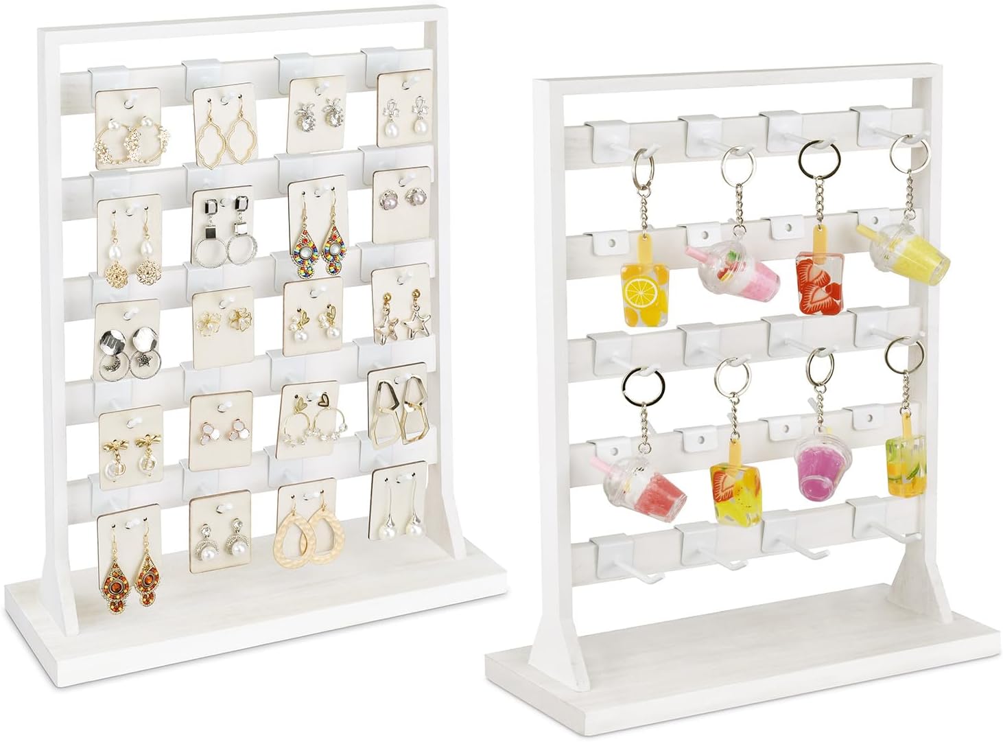 Ikee Design Free Assemble 2 Pcs Set Wooden Jewelry Display Rack with 20 Removable Metal Hooks/Each, Earring Card Display Holder Stand for Necklaces,Bracelet, Keychain Display Stand, Wash White