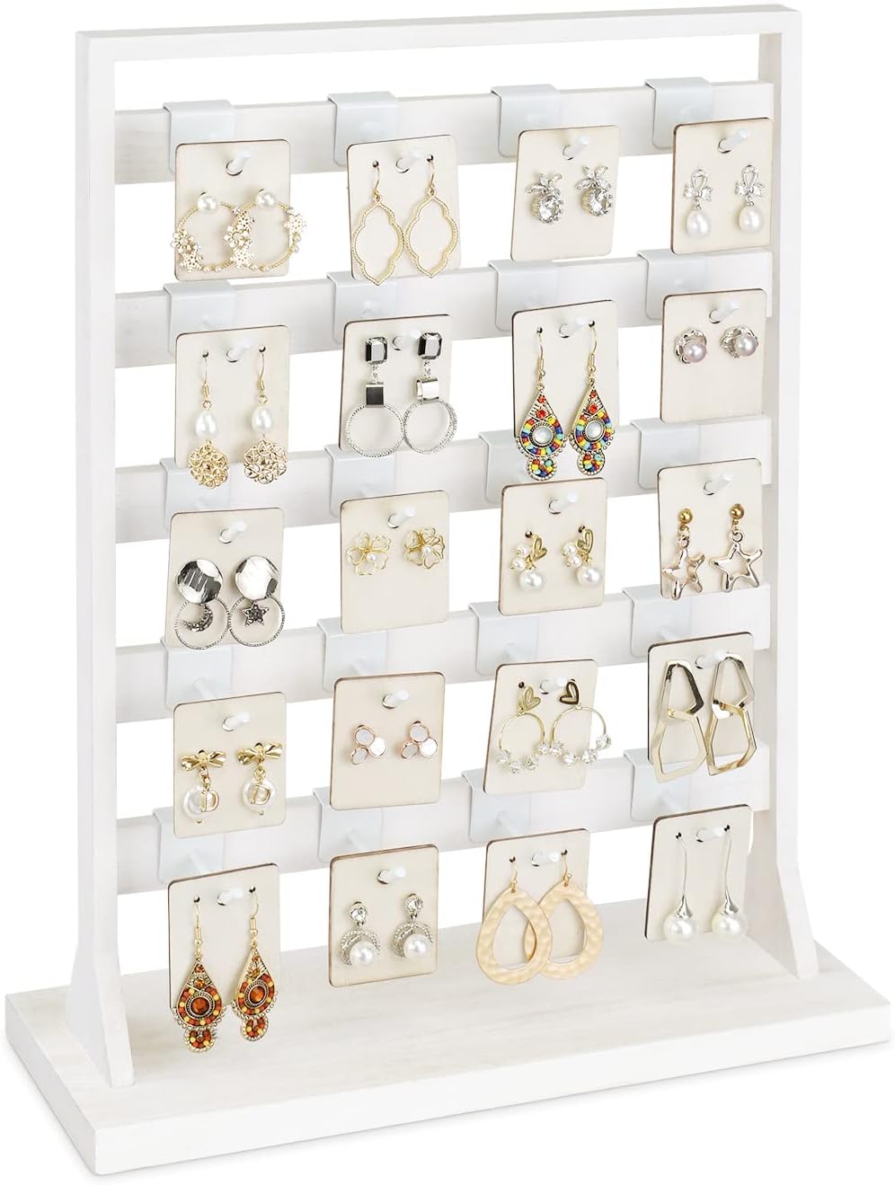 Ikee Design 5 Tiers Free Assemble Wooden Jewelry Display Rack with 20 Removable Metal Hooks,Earring Card Display Stand,Jewelry Organizer,Bracelet Organizer,Keychain Display Stand,Wash White