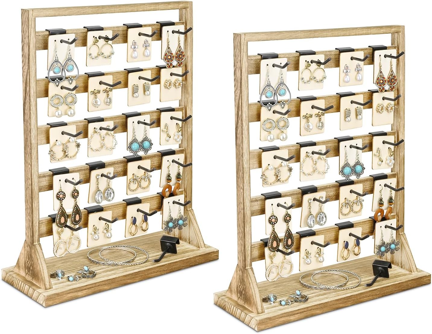 Ikee Design Free Assemble 2 Pcs Set Wooden Jewelry Display Rack with 20 Removable Metal Hooks/Each, Earring Display Holder Stand for Earring,Necklaces,Bracelet, Keychain Display Stand, Oak Color