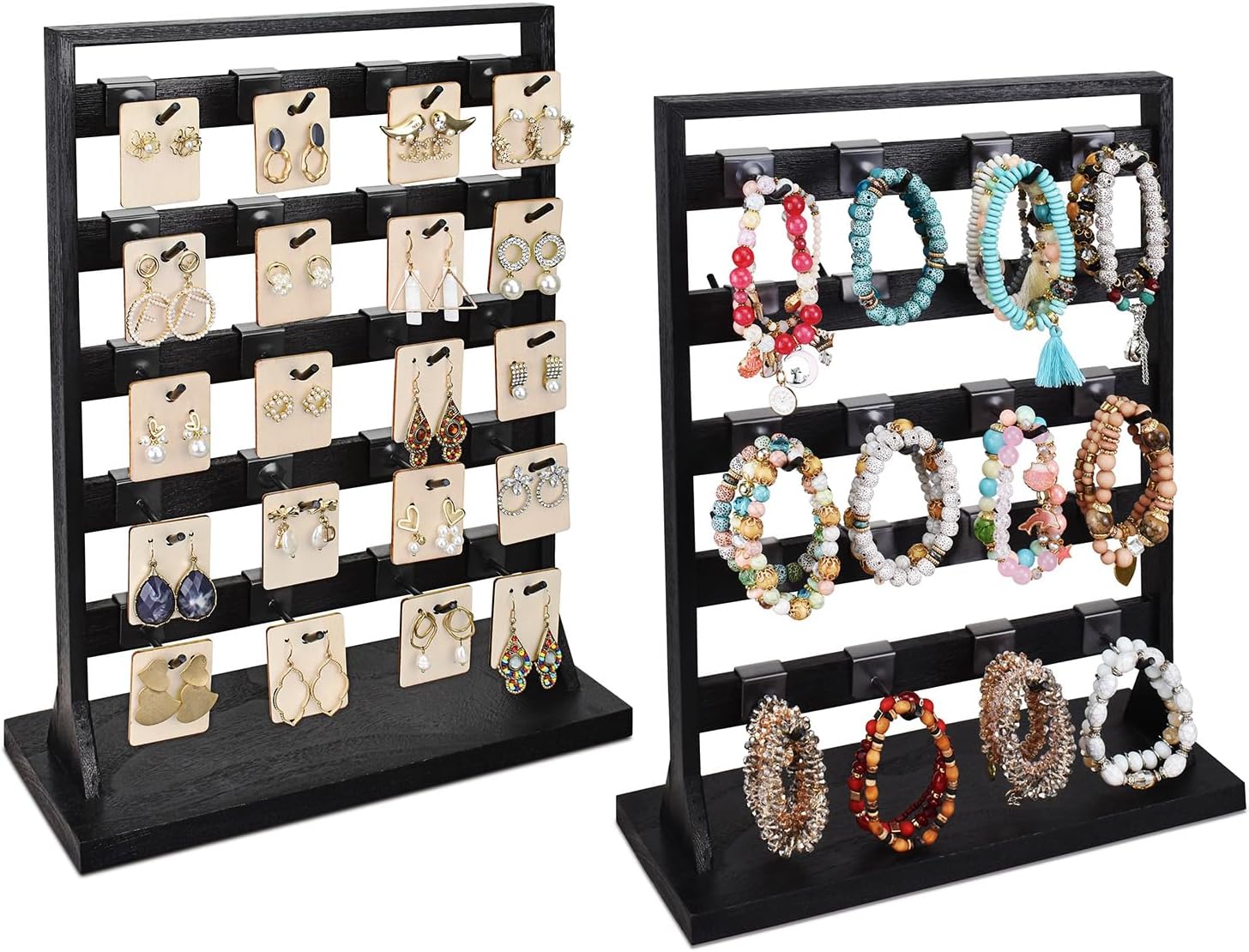 Ikee Design Free Assemble 2 Pcs Set Wooden Jewelry Display Rack with 20 Removable Metal Hooks/Each, Earring Card Display Holder Stand for Necklaces,Bracelet, Keychain Display Stand, Black Color