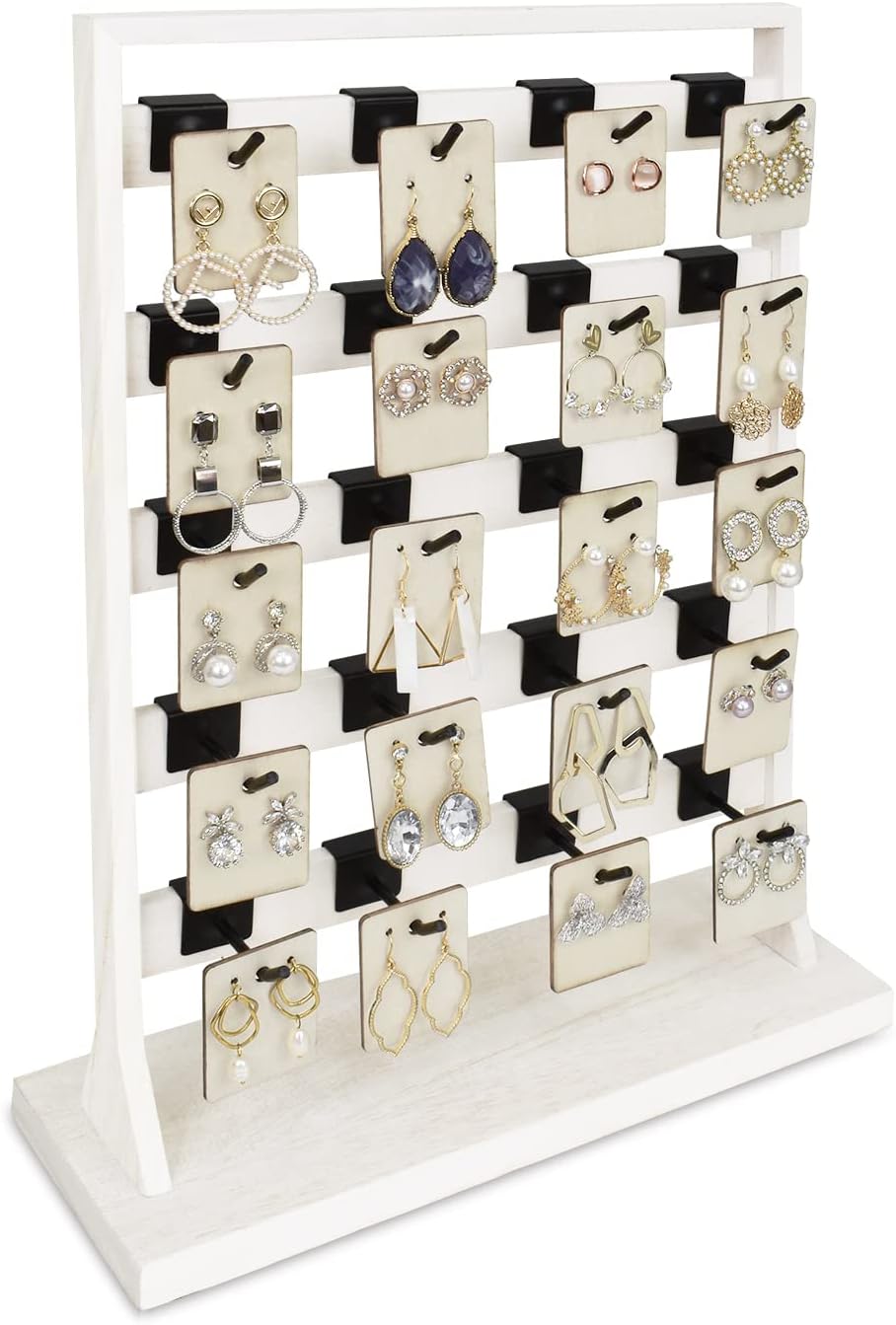 Ikee Design 5 Tiers Free Assemble Wooden Jewelry Display Rack with 20 Removable Metal Hooks,Earring Card Display Stand,Jewelry Organizer,Bracelet Organizer,Keychain Display Stand,Wash White