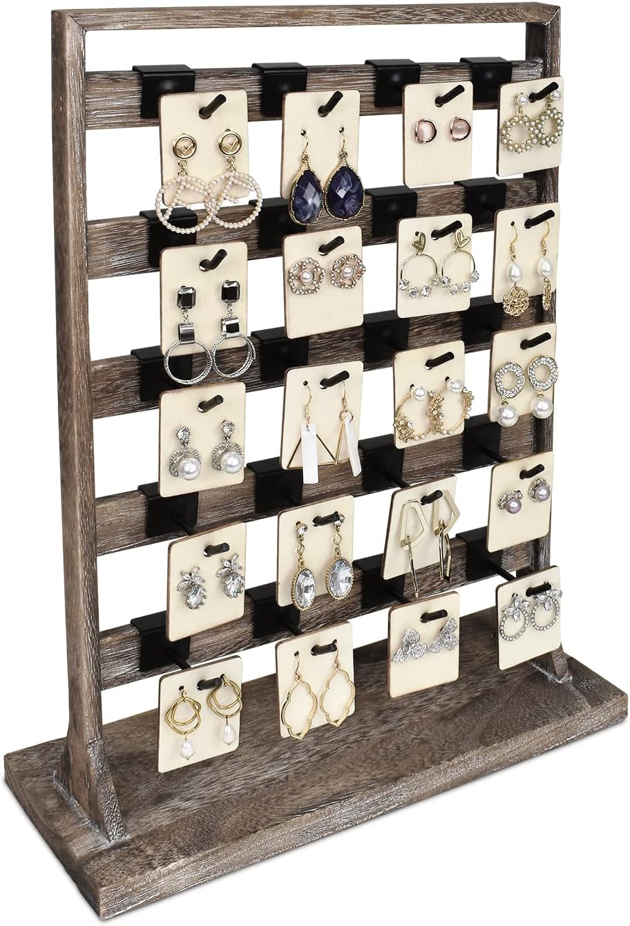 Ikee Design 5 Tiers Free Assemble Wooden Jewelry Display Rack with 20 Removable Metal Hooks,Earring Card Display Stand,Jewelry Organizer,Bracelet Organizer,Keychain Display Stand,Coffee Color