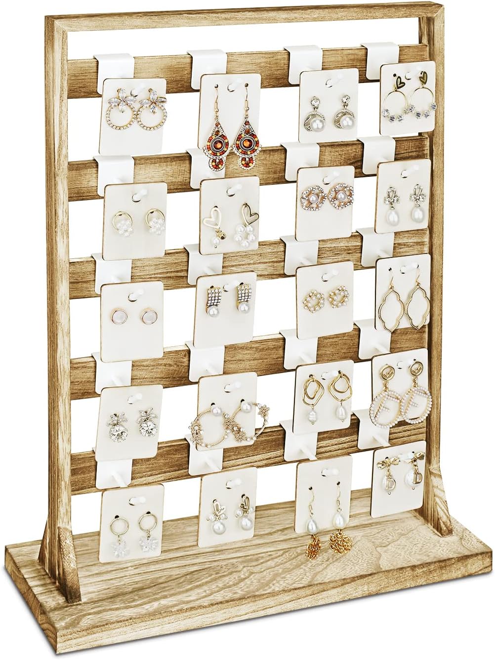 Ikee Design 5 Tiers Free Assemble Wooden Jewelry Display Rack with 20 Removable Metal Hooks,Earring Card Display Stand,Jewelry Organizer,Bracelet Organizer,Keychain Display Stand,Oak Color