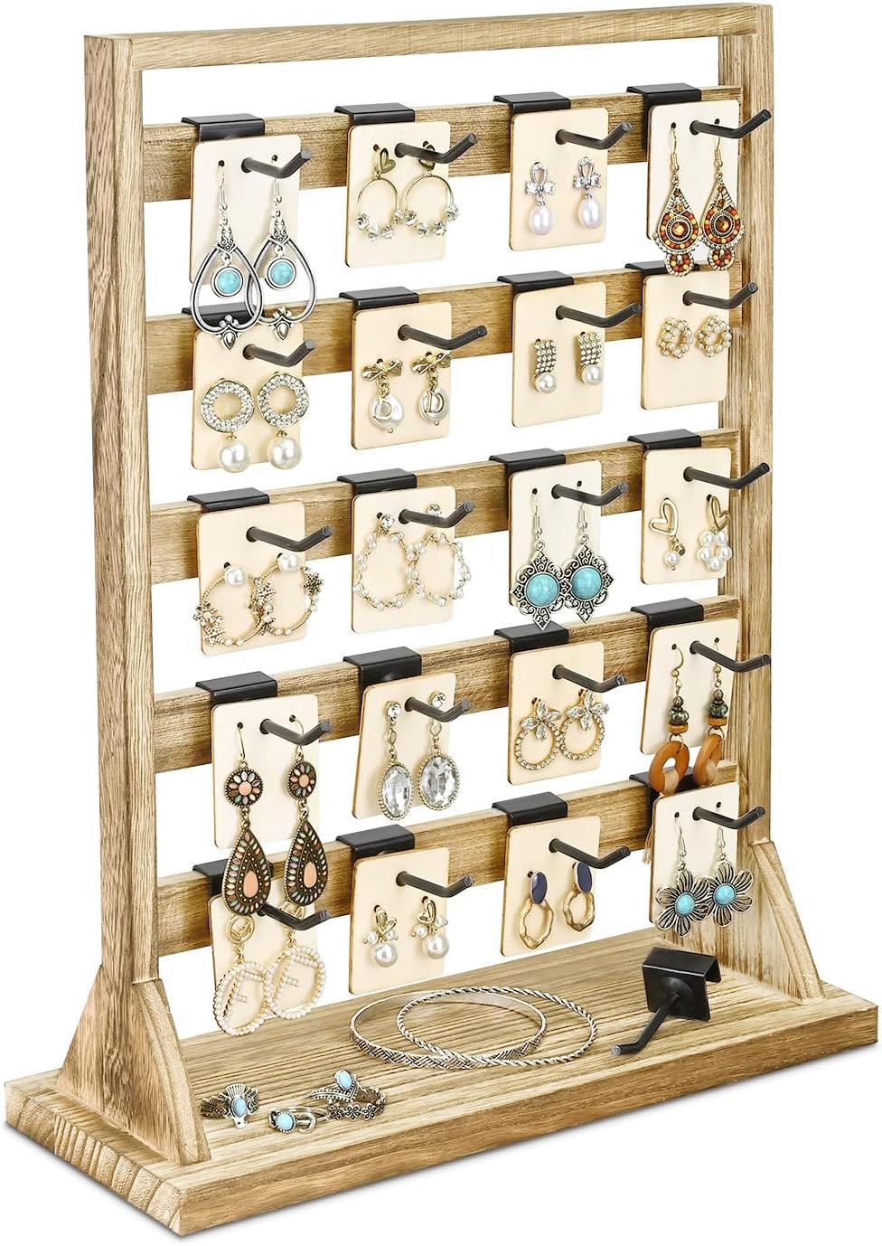 Ikee Design Free Assemble Wooden Jewelry Display Rack with 20 Removable Metal Hooks, Earring Card Display Holder Stand for Earring Cards, Necklaces, Keychains, Keychain Display Stand, Oak Color