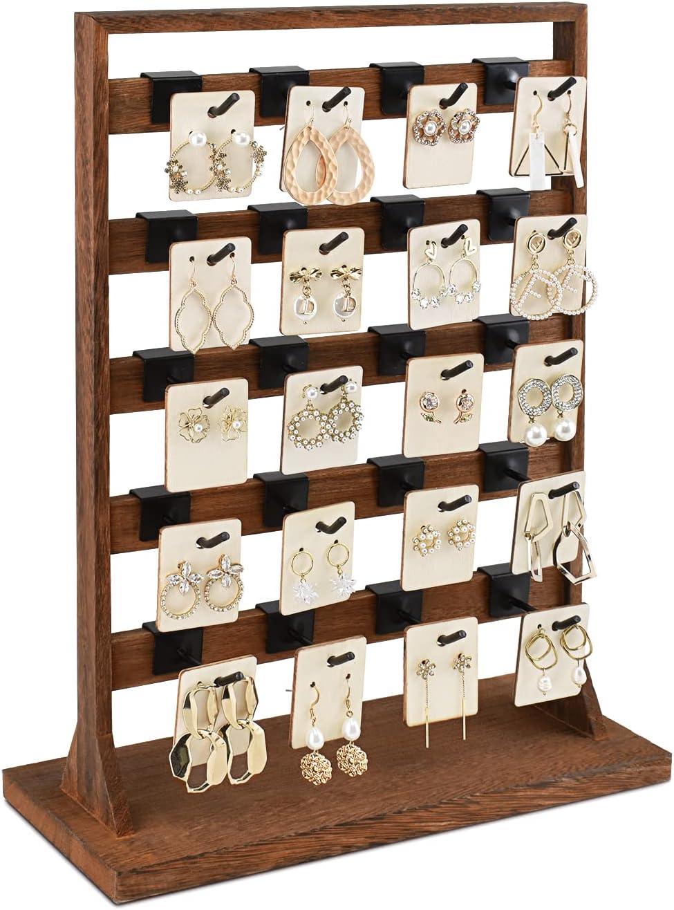 Ikee Design 5 Tiers Free Assemble Wooden Jewelry Display Rack with 20 Removable Metal Hooks,Earring Card Display Stand,Jewelry Organizer,Bracelet Organizer,Keychain Display Stand,Brown Color