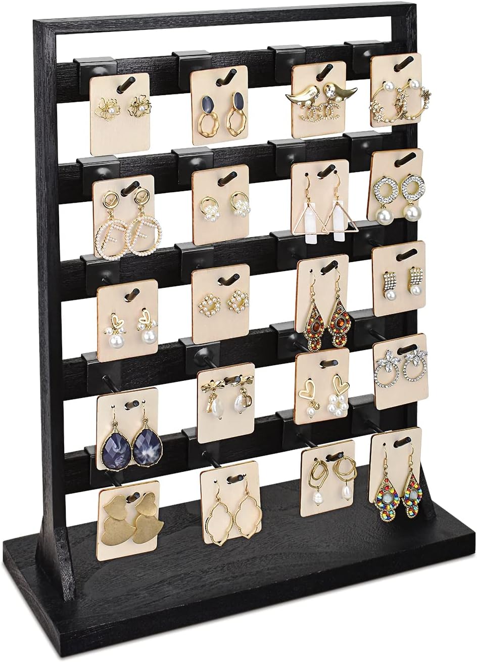 Ikee Design Free Assemble Wooden Jewelry Display Rack with 20 Removable Metal Hooks,Earring Card Display Stand,Jewelry Organizer,Earring Bracelet Organizer, Keychain Display Stand, Black Color