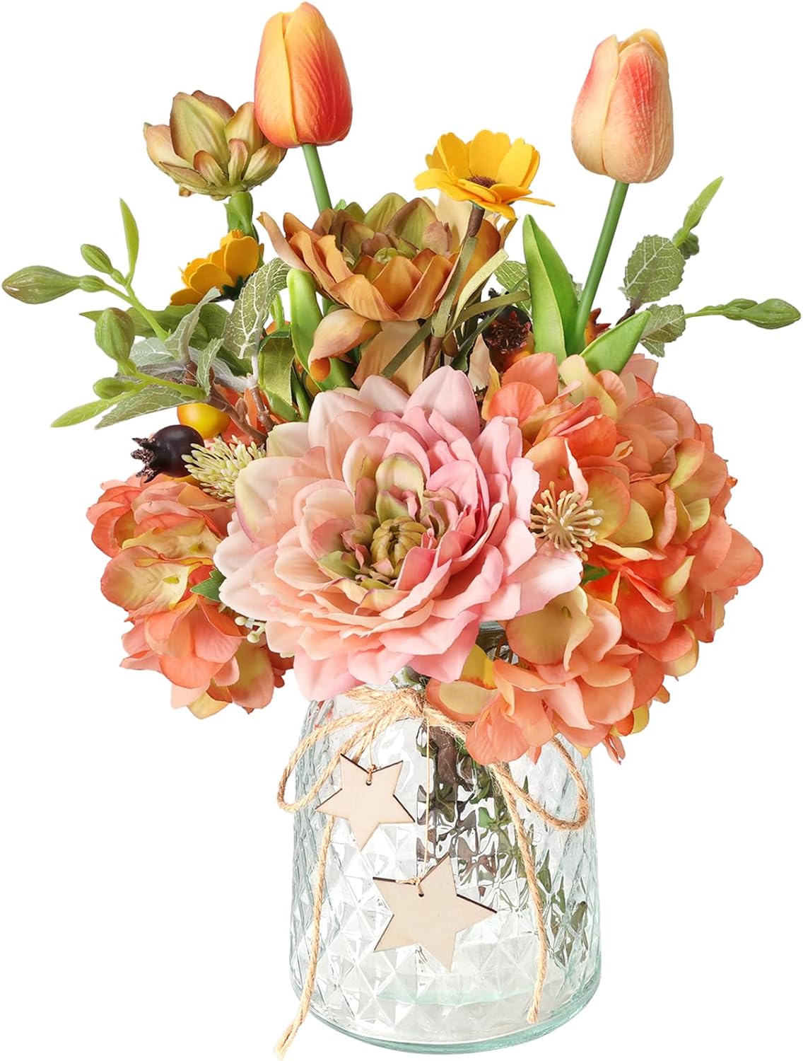 Artificial Flowers with Vase, Hydrangea Artificial Flowers Silk Artificial Flower Arrangement Fake Flowers in Vase with Tulips Dahlias for Home Office Kitchen Bathroom Table Centerpieces